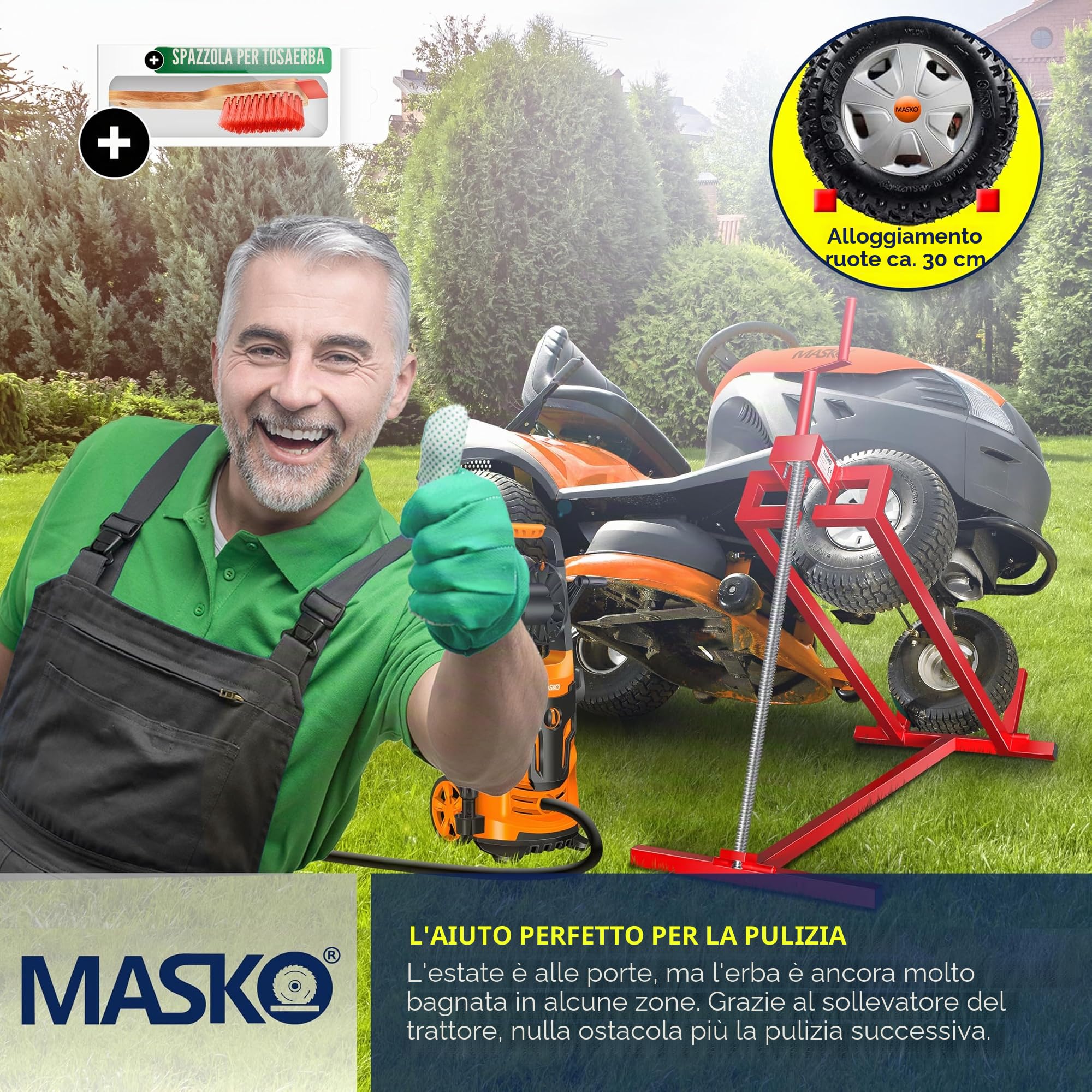 MASKO® Sollevatore XXL per trattorino tosaerba 450 kg, dispositivo di sollevamento, sollevatore universale per trattorino tosaerba, aiuto per la pulizia, +45° di inclinazione regolabile incluso