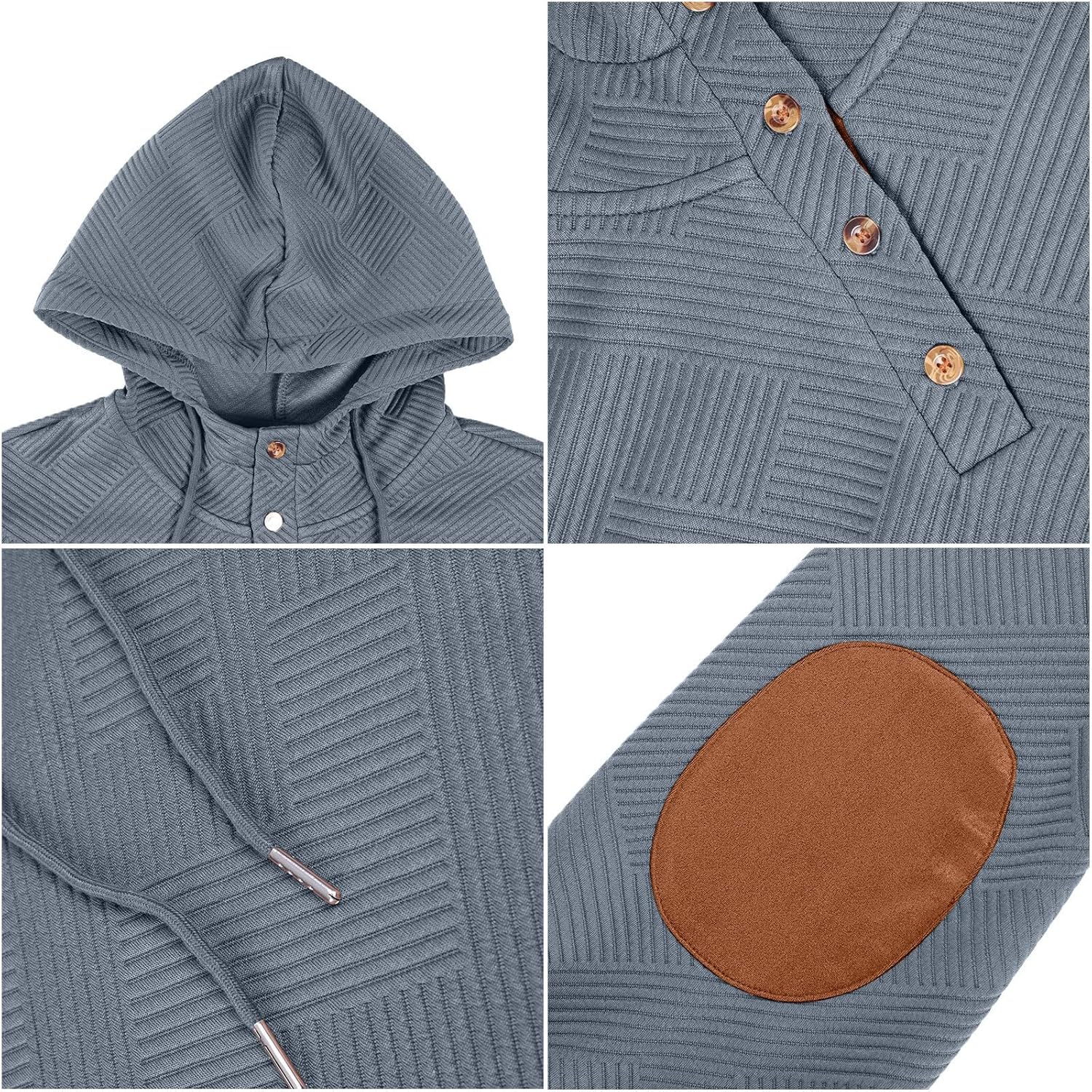 Mens Fashion Pullover Hoodies Long Sleeve Thermal Drawstring Button Texture Hooded Sweatshirt - Image 7