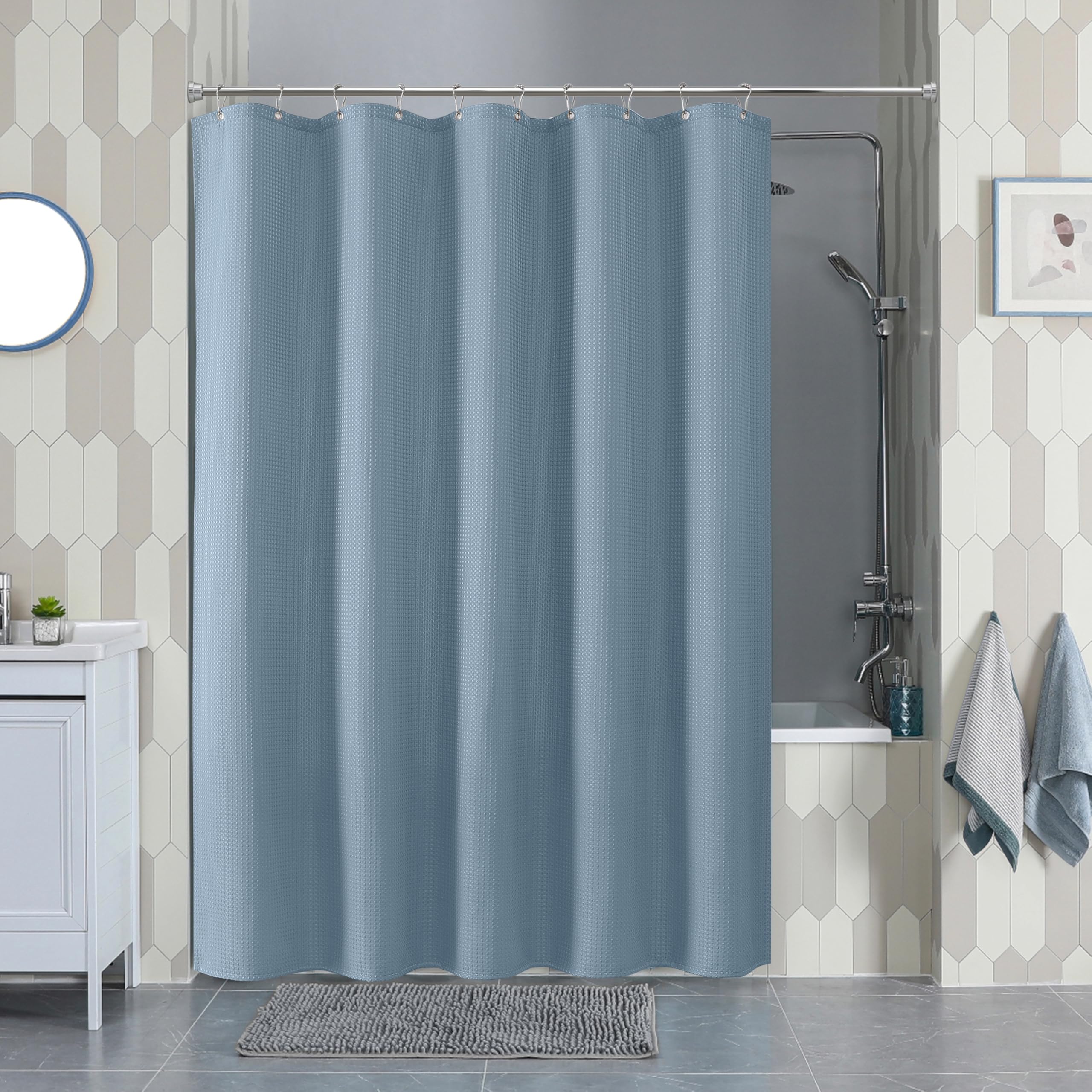 VANZAVANZU Shower Curtain for Bathroom with Metal Hooks Waffle Fabric Shower Curtain Heavy Duty Bath Curtain for Wet Room Bathtub Shower Stall Weighted Hem - Image 2