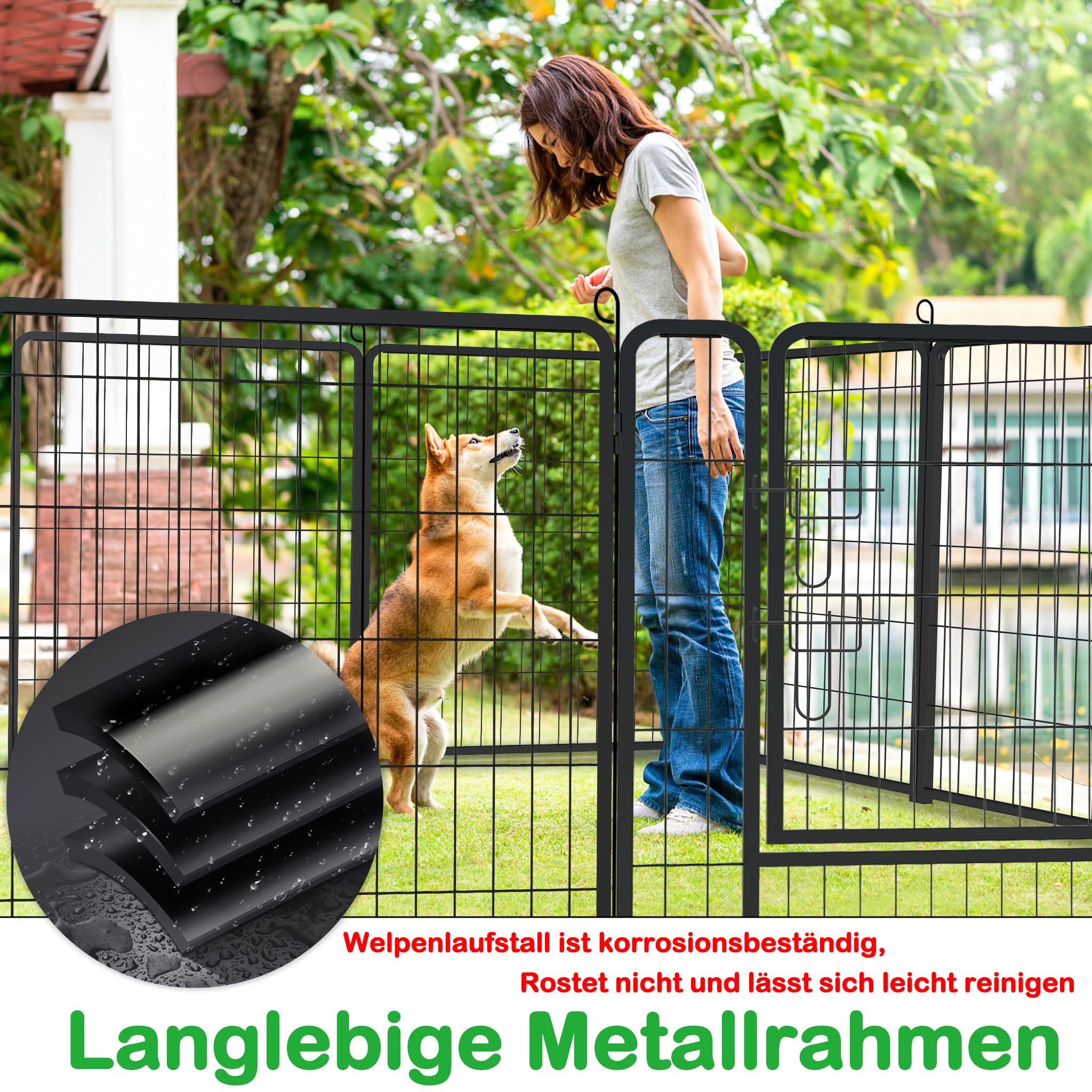 XMTECH Welpenlaufstall 12 Gitter je 80 x 80 cm Freilaufgehege Hundelaufstall, Welpenauslauf mit Türen, flexibel und faltbar, Welpengitter für Wohnung & Garten