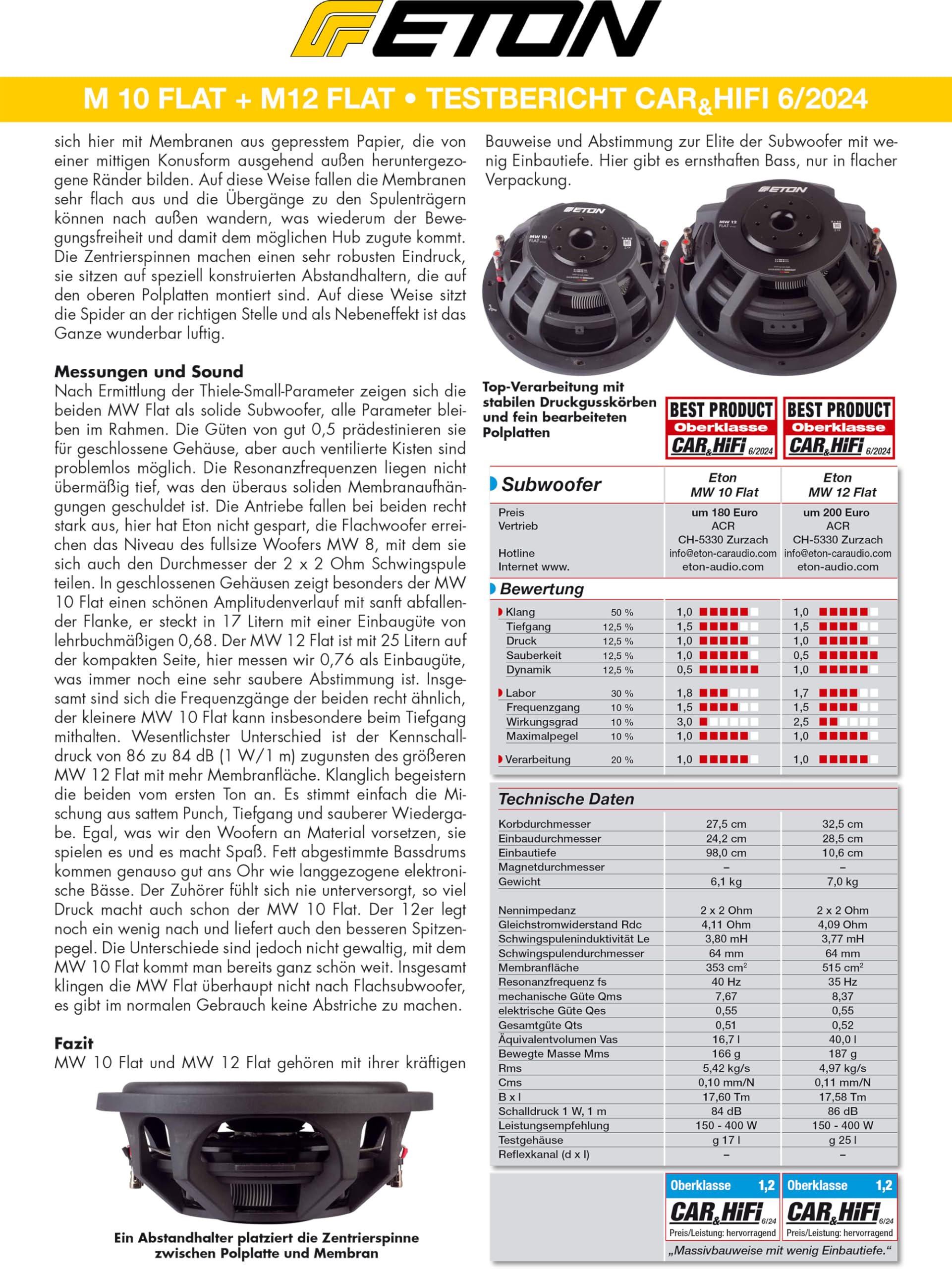 Eton MW 12 Flat - Potente subwoofer plano de 30 cm / 12 pulgadas, graves de carrera larga para coche, altavoz de graves con imán de neodimio, 2 bobinas de voz doble de 2 ohmios, 2 x 450 W, 1 unidad