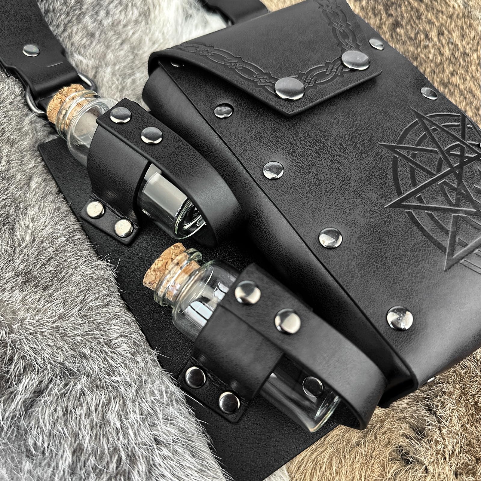 HiiFeuer Medieval Faux Leather Alchemy Set, Witch Pointed Hat for Women Fantasy Wizard Belt with Potion Vials Waist Pouch (Black B) - Image 4