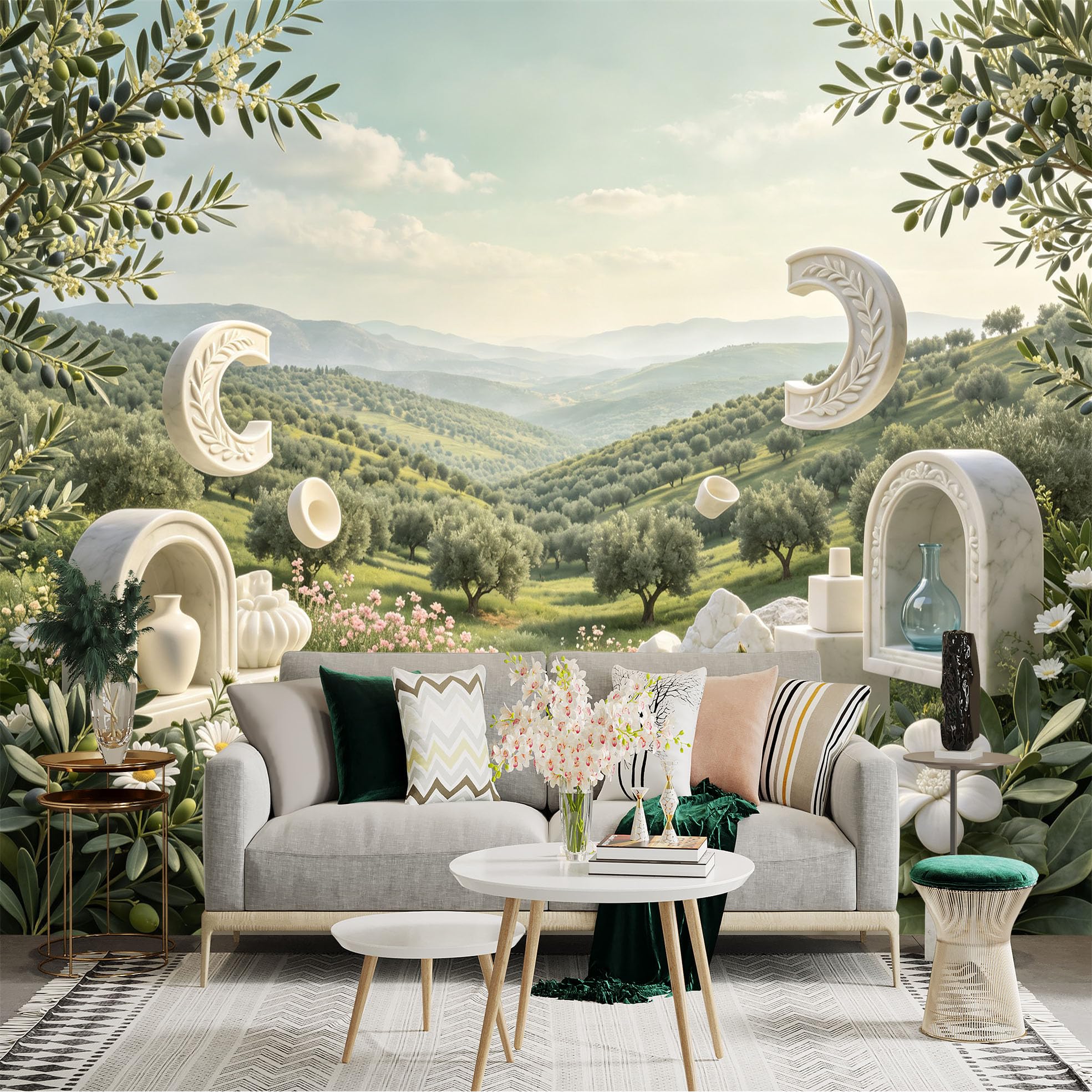 Lnzczhyre Bh260719786 Custom Size Wall Sticker Mural， Mediterranean Olive Grove Landscape， White Marble Arches And Floral Accents， For Wall Decoration， Peelandstick Wall Decals.