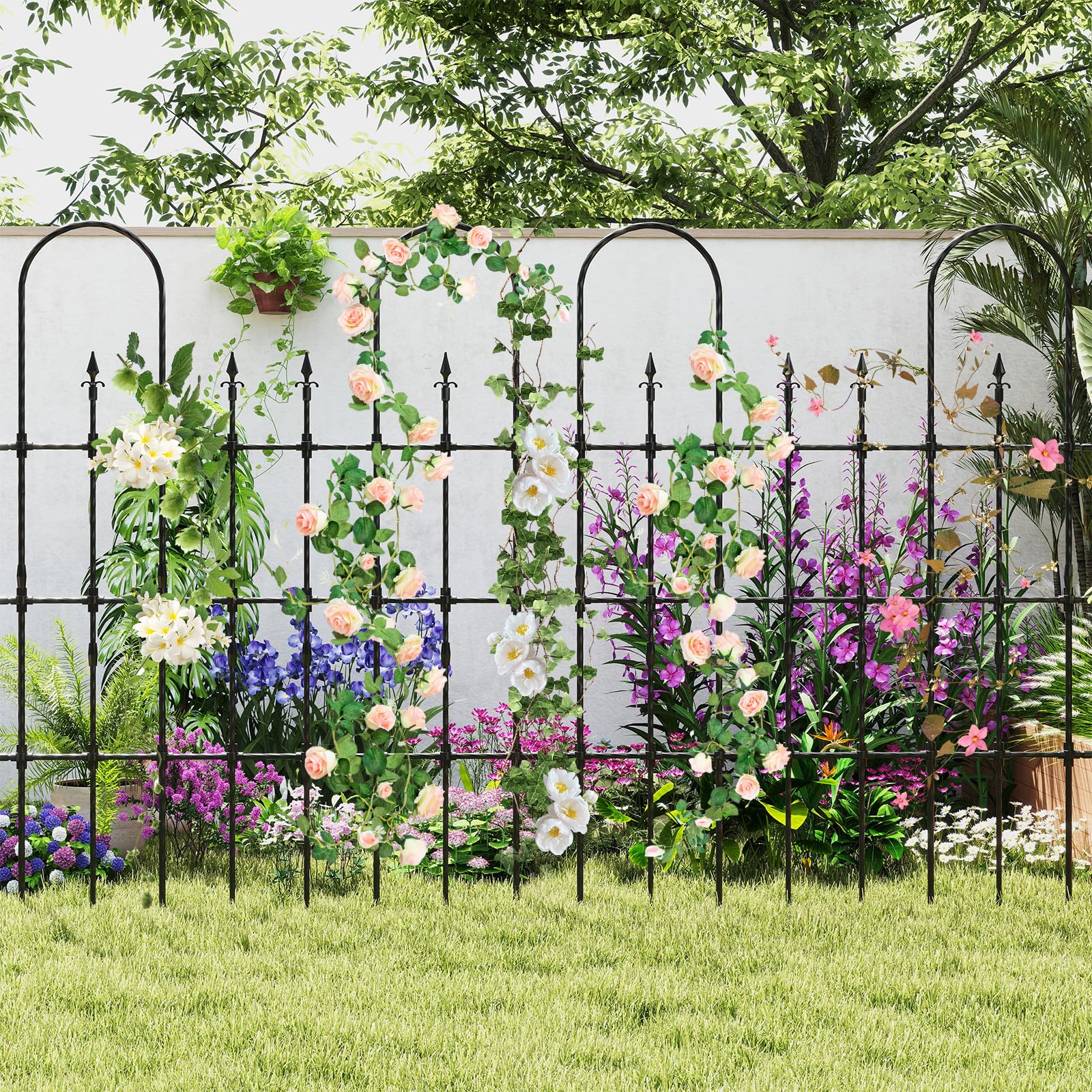 GOPLUS Rankgitter Metall, Gartenzaun mit Spitz-Heringen, U-förmiges Rosenspalier, Rankhilfe Spalier, Sichtschutz Garten, Gartenspalier Pflanzengitter für Kletterpflanzen, Blumen & Rosen, 146 x 186 cm