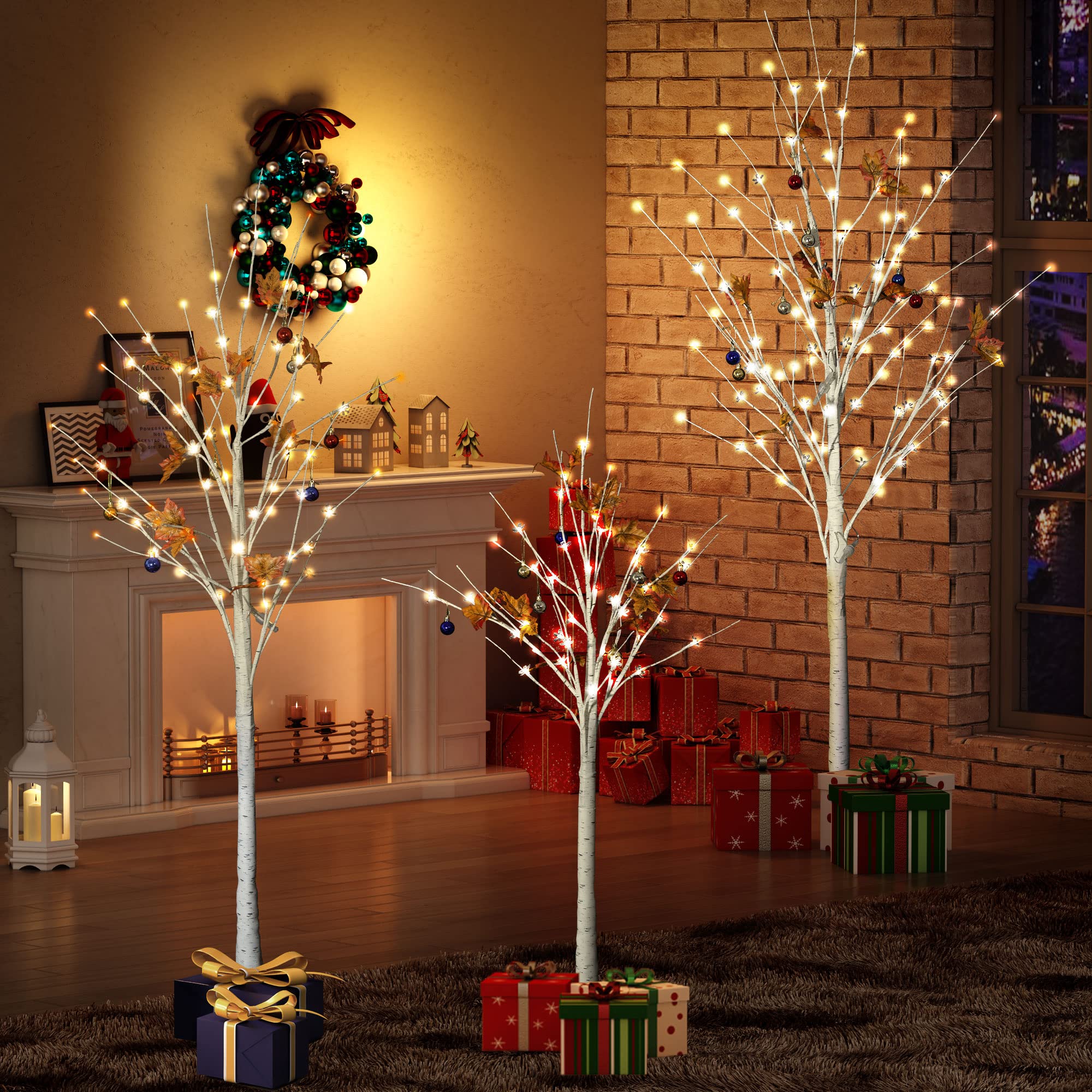 AWQM Lighted Birch Trees, Set of 3, Artificial 4 Feet 5 Feet 6 Feet Warm White Christmas Decoration Trees with 200 LED Lights for Home, Festival, Party, Indoor and Outdoor Use