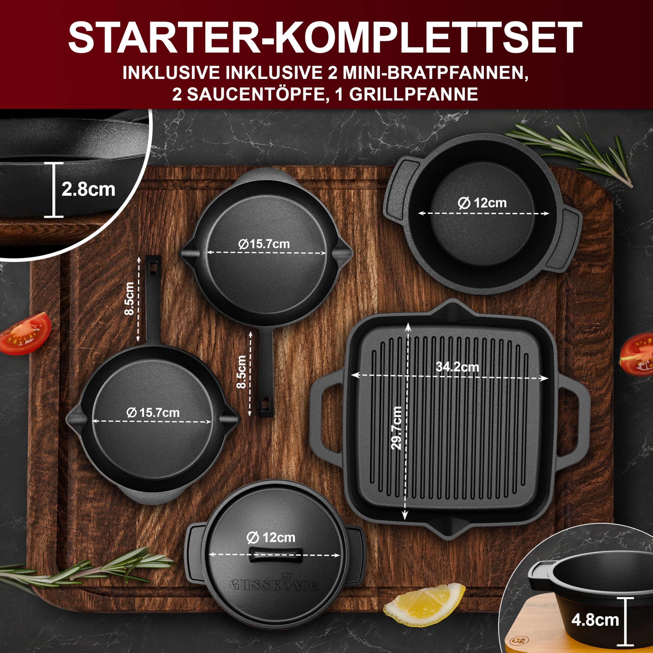 GUSSKÖNIG Dutch Oven Set 11-teilig – bereits eingebranntes Gusseisen Topf Set – Bratpfanne, Grilltopf, Deckelheber, Untersetzer & Echtleder-Griffschutz + Rezeptbuch & Pflegepaste – 30 Jahre Garantie