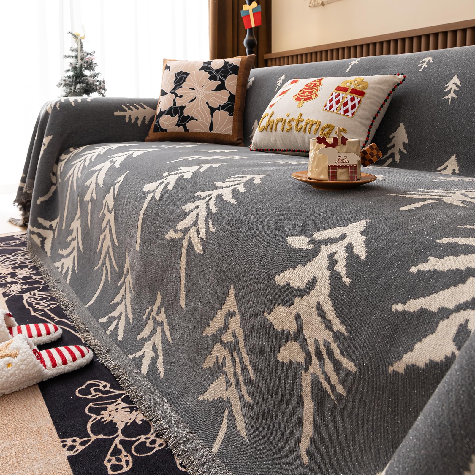 Plaid Sofa Plaid Cama,Manta Cubre Sofa Four Seasons, Reversible Plaid Sofa, Estampado De Árbol De Navidad, Decoración De Interiores, para Salón 180 * 360cm-Gris