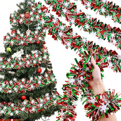 Guirnalda metálica de oropel de Navidad verde y roja de 49 pies con purpurina para árbol de Navidad, guirnalda de oropel para decoración del hogar,