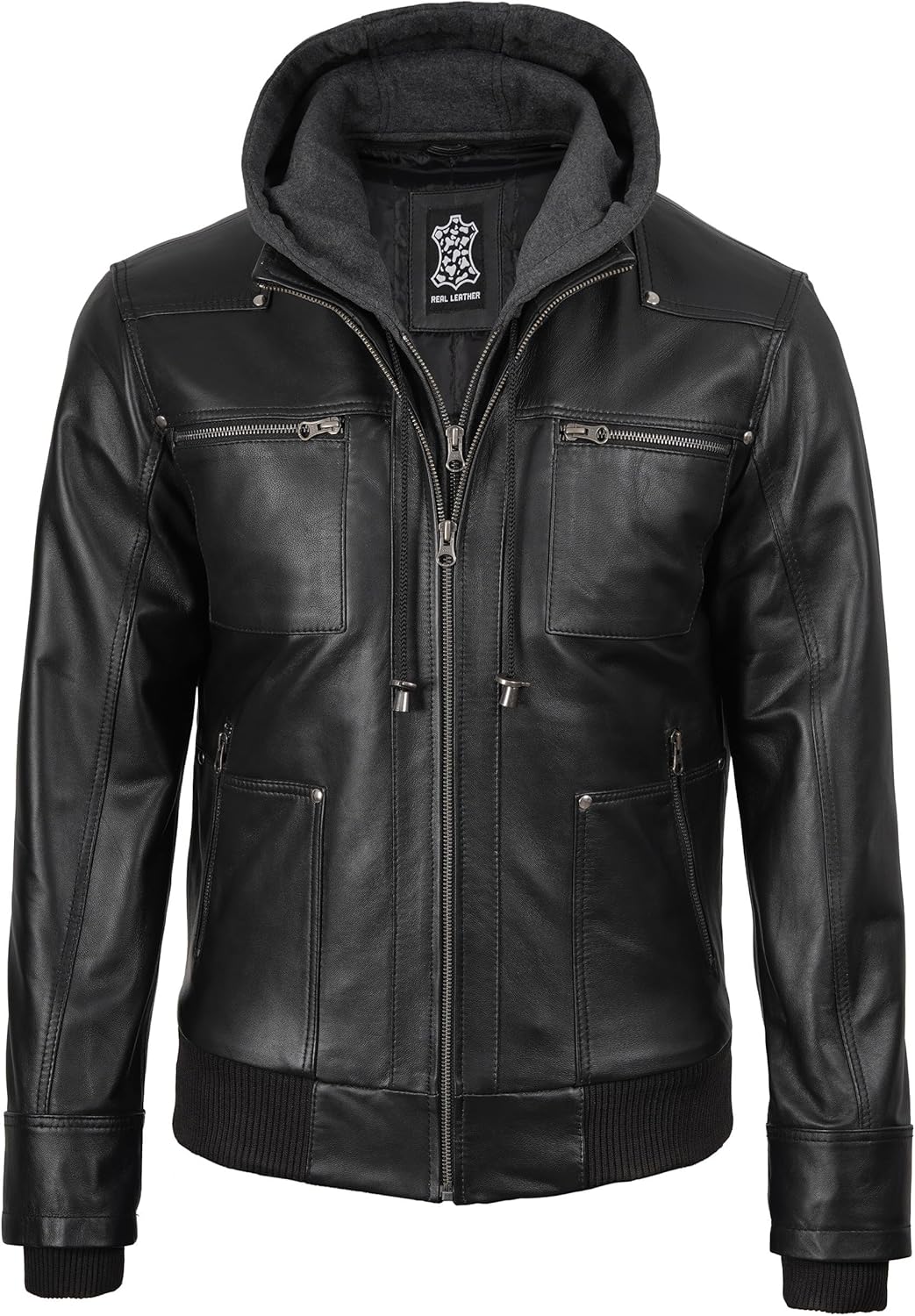 fjackets Men Leather Bomber Jacket - Real Lambskin Men's Leather Jackets with Detachable Hood Casual Leather Jackets For Mens - Image 5