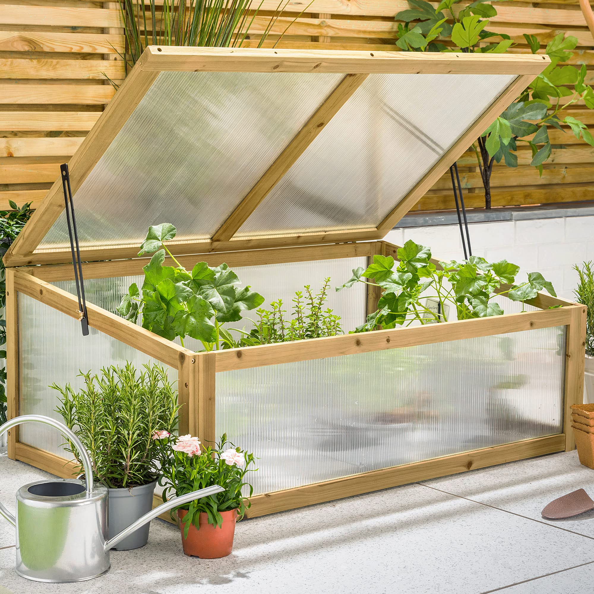 Christow Raised Bed Cold Frame Greenhouse, FSC Wooden Garden Grow House for Vegetables & Plants, Polycarbonate UV-Stabilised Panels for Strong, Healthy Growth, Natural Wood, 100cm x 65cm x 40cm
