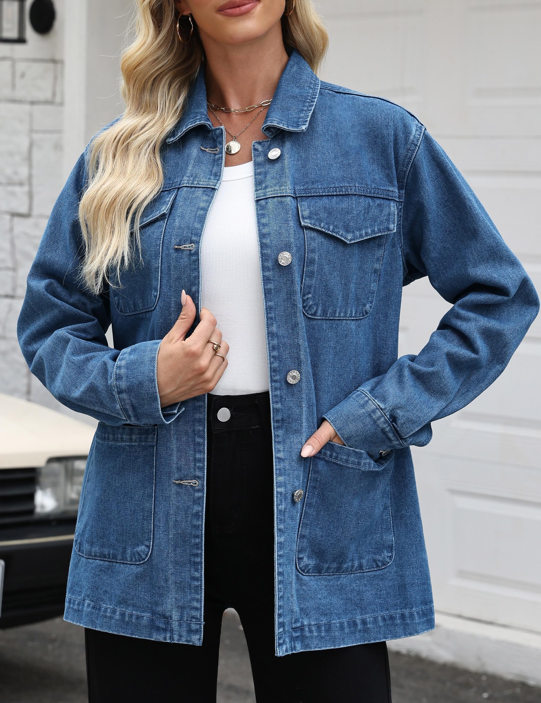 Chaqueta Vaquera de Mujer Oversize Manga Larga con Cierre Botón o Cremallera Casual Moderna Todo Temporada
