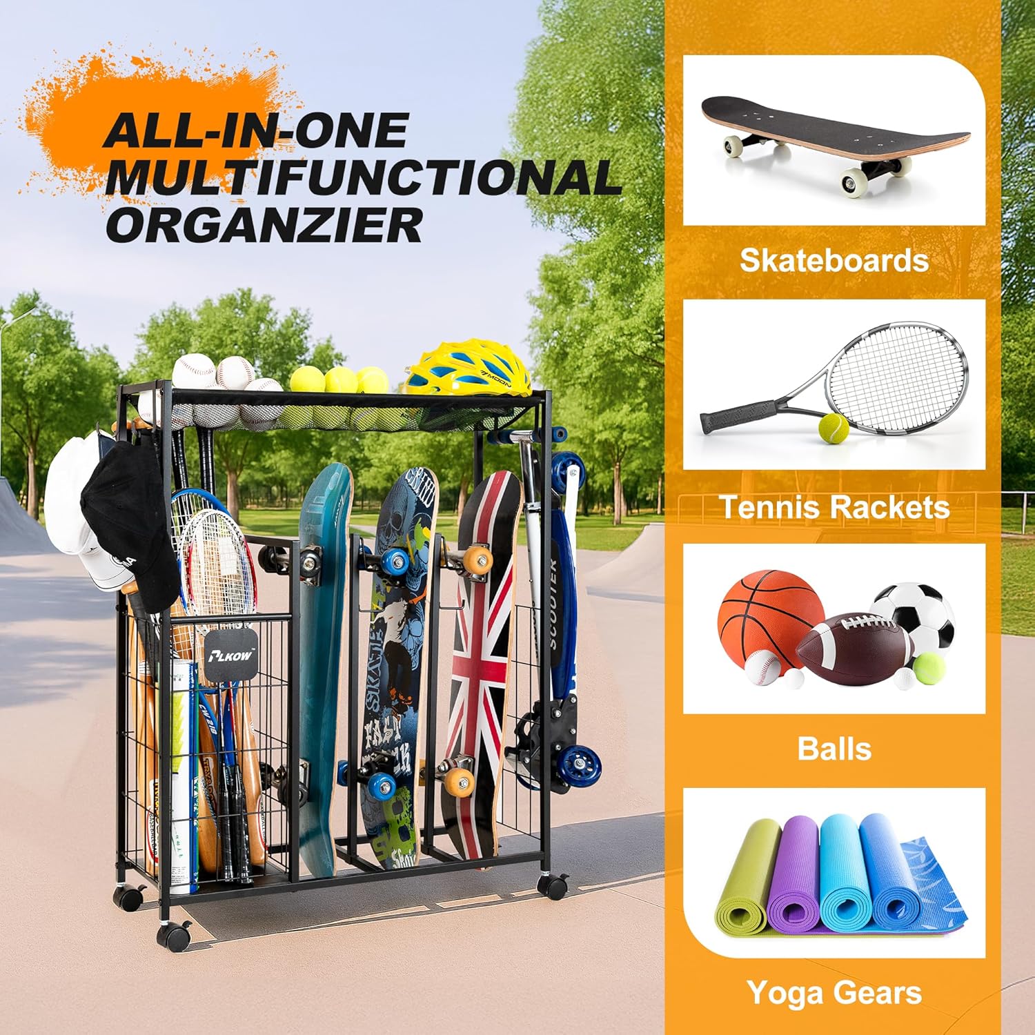 PLKOW Skateboard Storage Rack with Wheels, Sports Organizer for Skateboards, Scooters, Balls, Helmets and Sports Gear, Heavy Duty Sports Storage Rack for Garage, Home or School Use image 4 of 8 B0F8H9KCCW