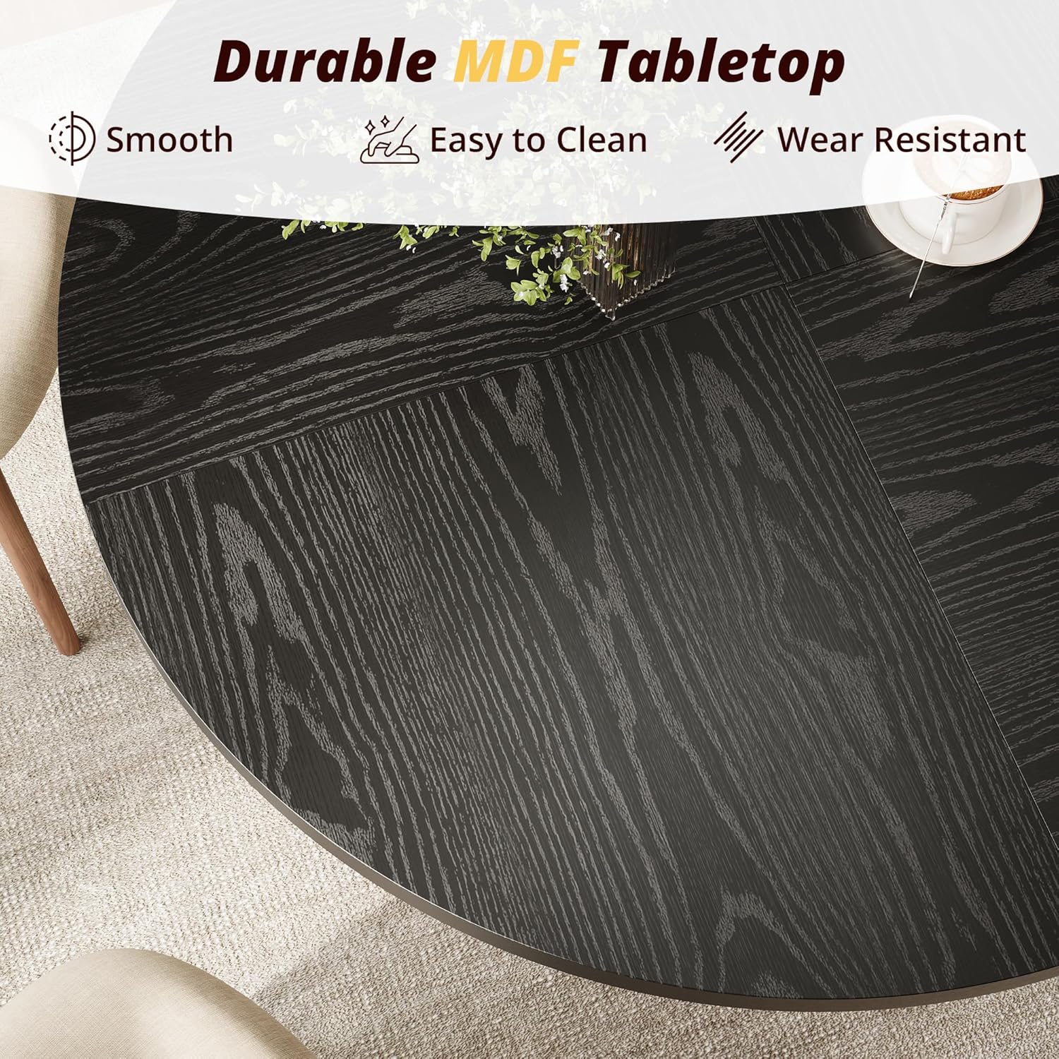 Round Dining Table for 4-6, 47 Inch Black Kitchen Table with Storage Shelf & Wood Pedestal Base, Modern Circle Dining Room Tables for Small Apartment, Home Office, Living Room