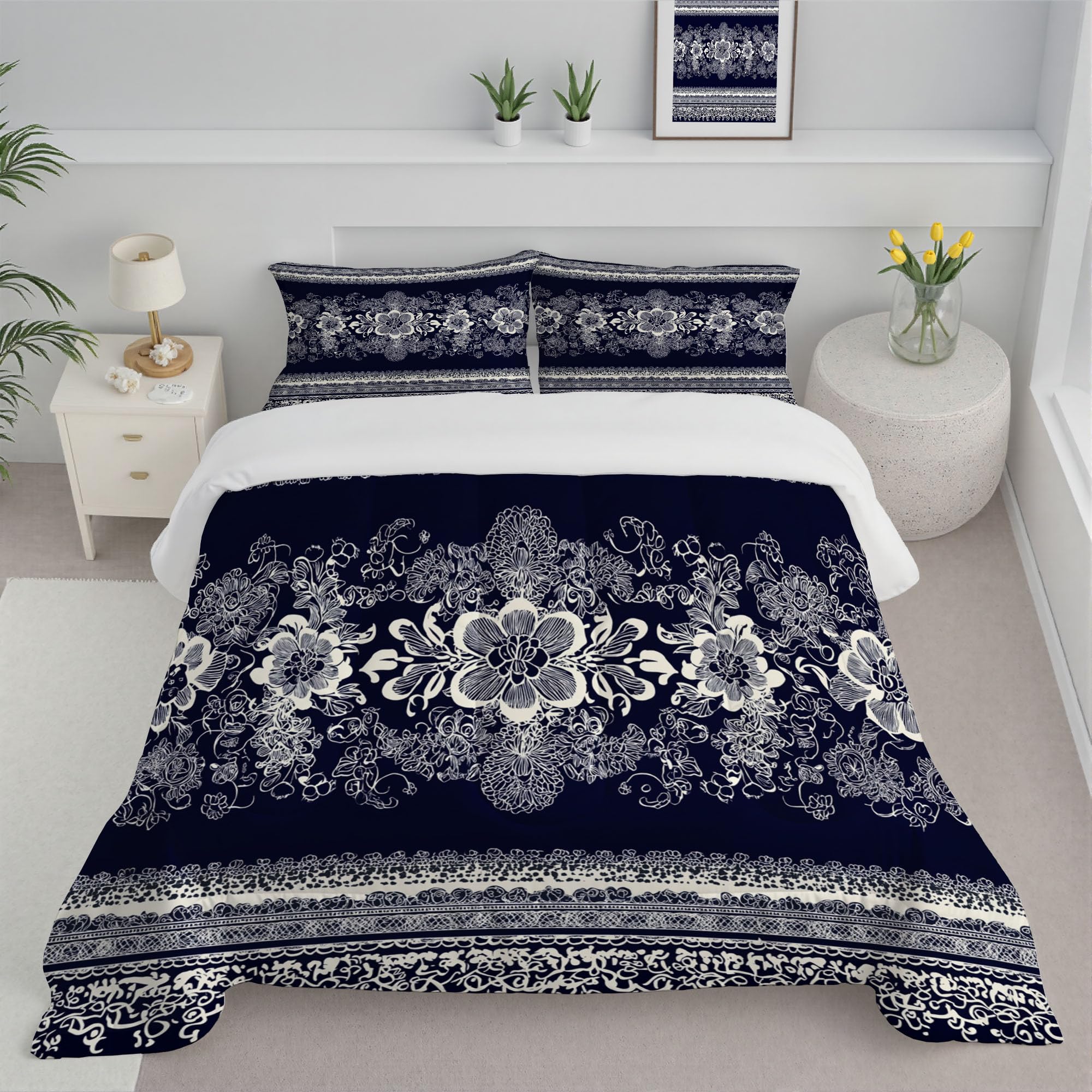 Edredón 140x200 azul marino reversible con encaje de mandala ligero para cama 90