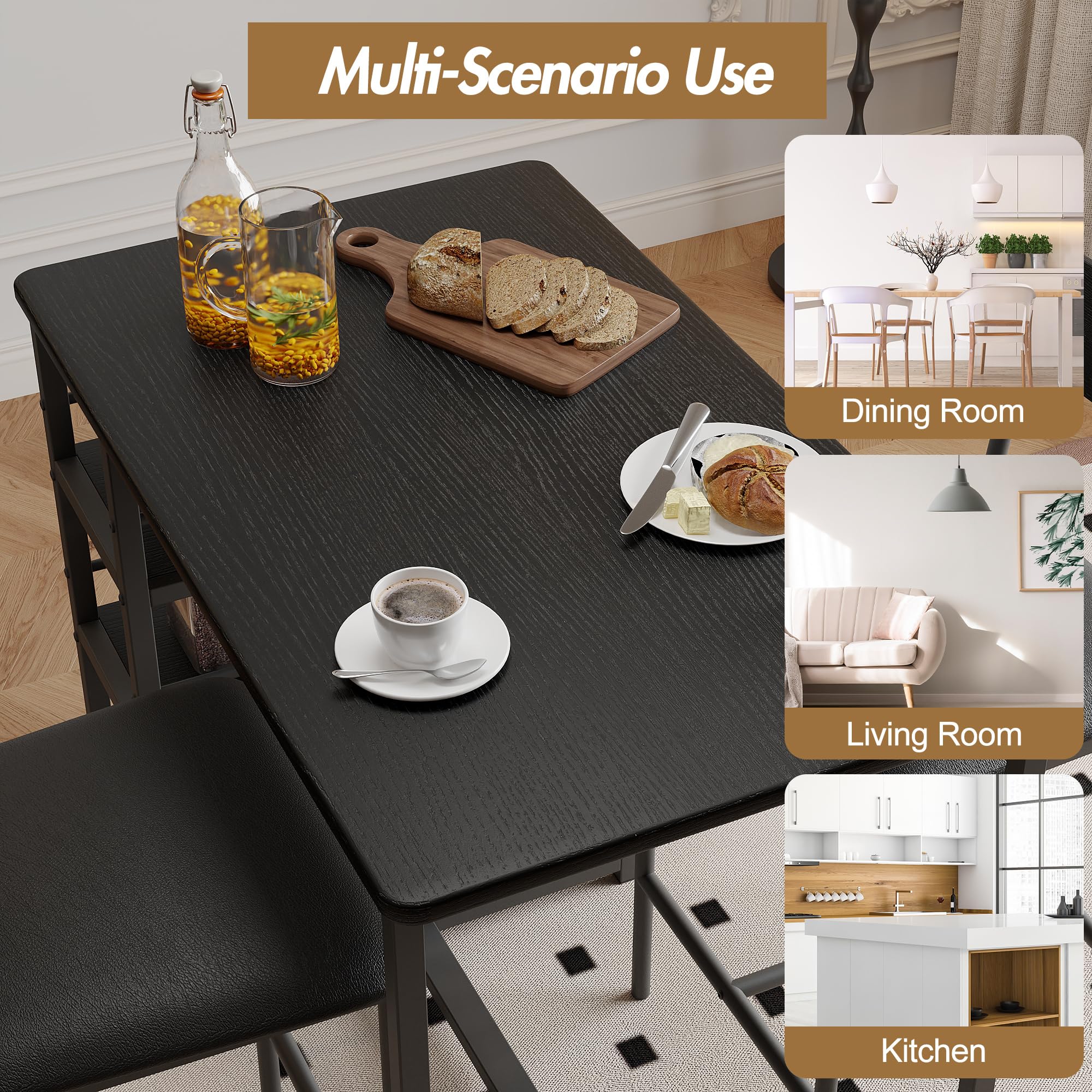 Set Tavolo da Bar con 2 Sgabelli Imbottiti e Tavolo Alto con 3 Ripiani di Stoccaggio, Set Tavolo da Cucina Salvaspazio per Piccoli Spazi, Tavolo da Pranzo per Casa, Bistrò e Monolocale, Nero