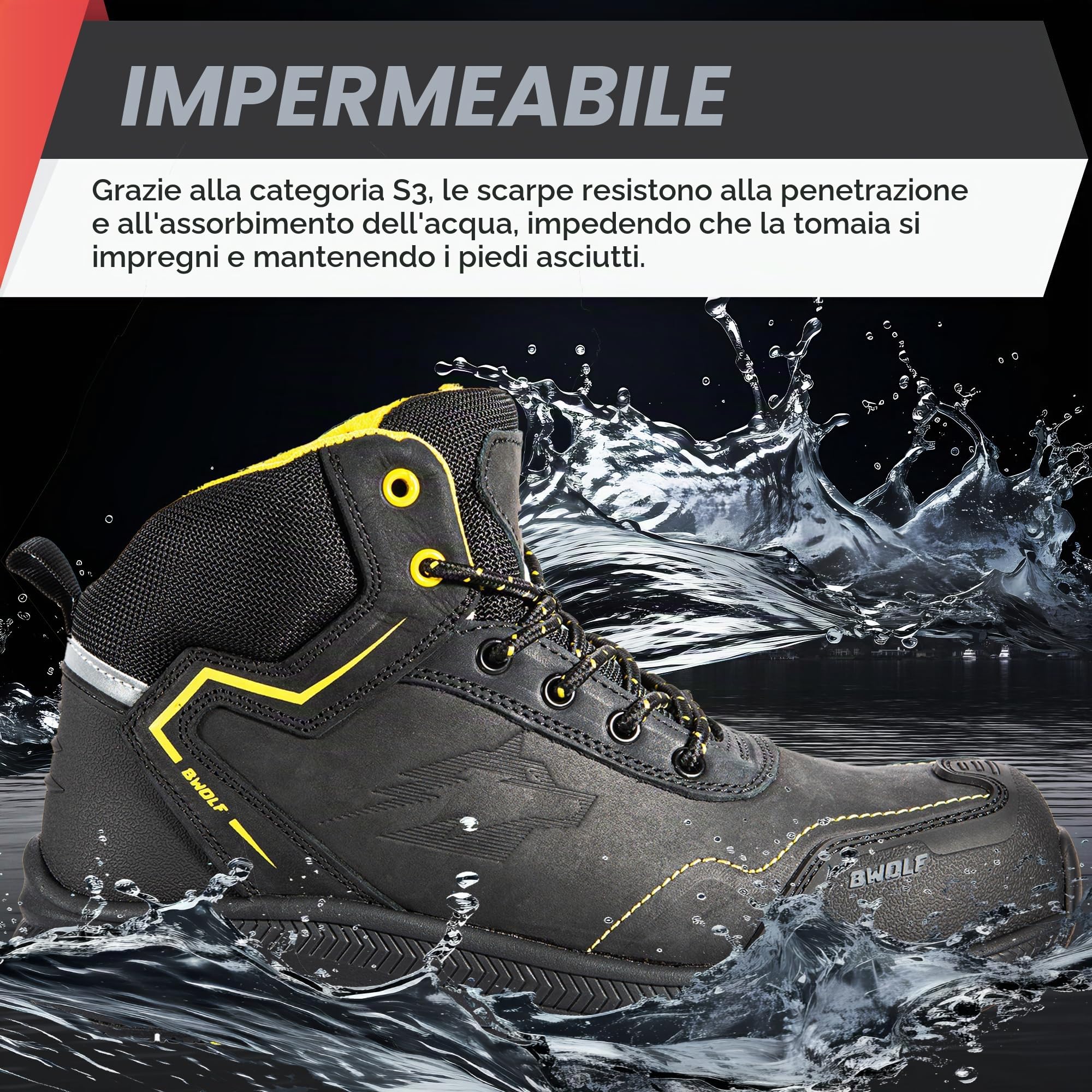 BWOLF Phoenix S3 - Scarpe antinfortunistiche da uomo S3 Nabuk impermeabili, antiscivolo 4x4 Grip Tech, suola Ergo