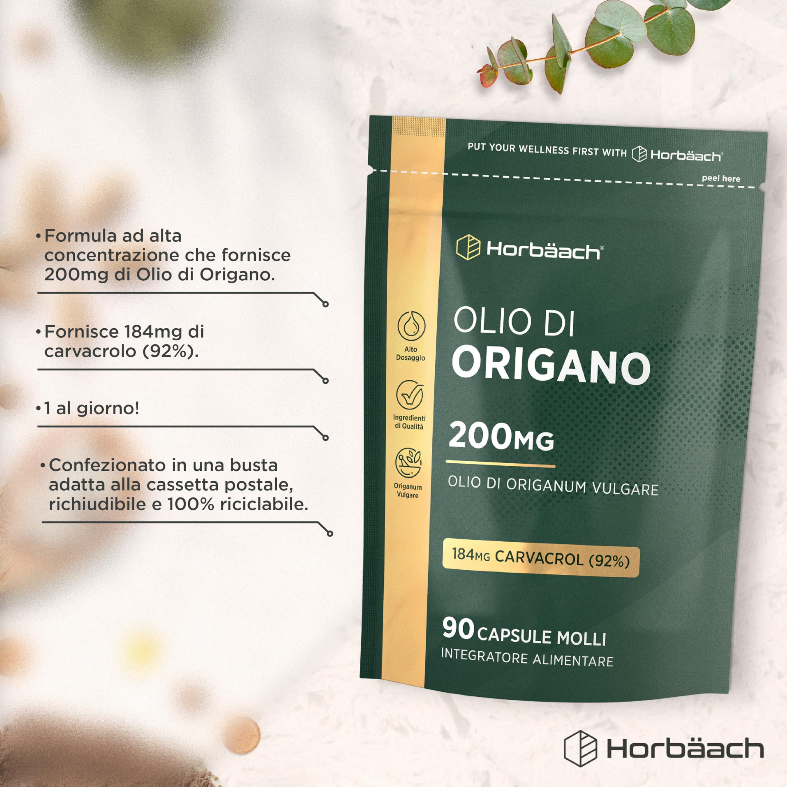 Olio di Origano Capsule 200mg | 90 Capsules | 184mg Carvacrolo | Alto Dosaggio | Integratore di olio di origano | Horbaach