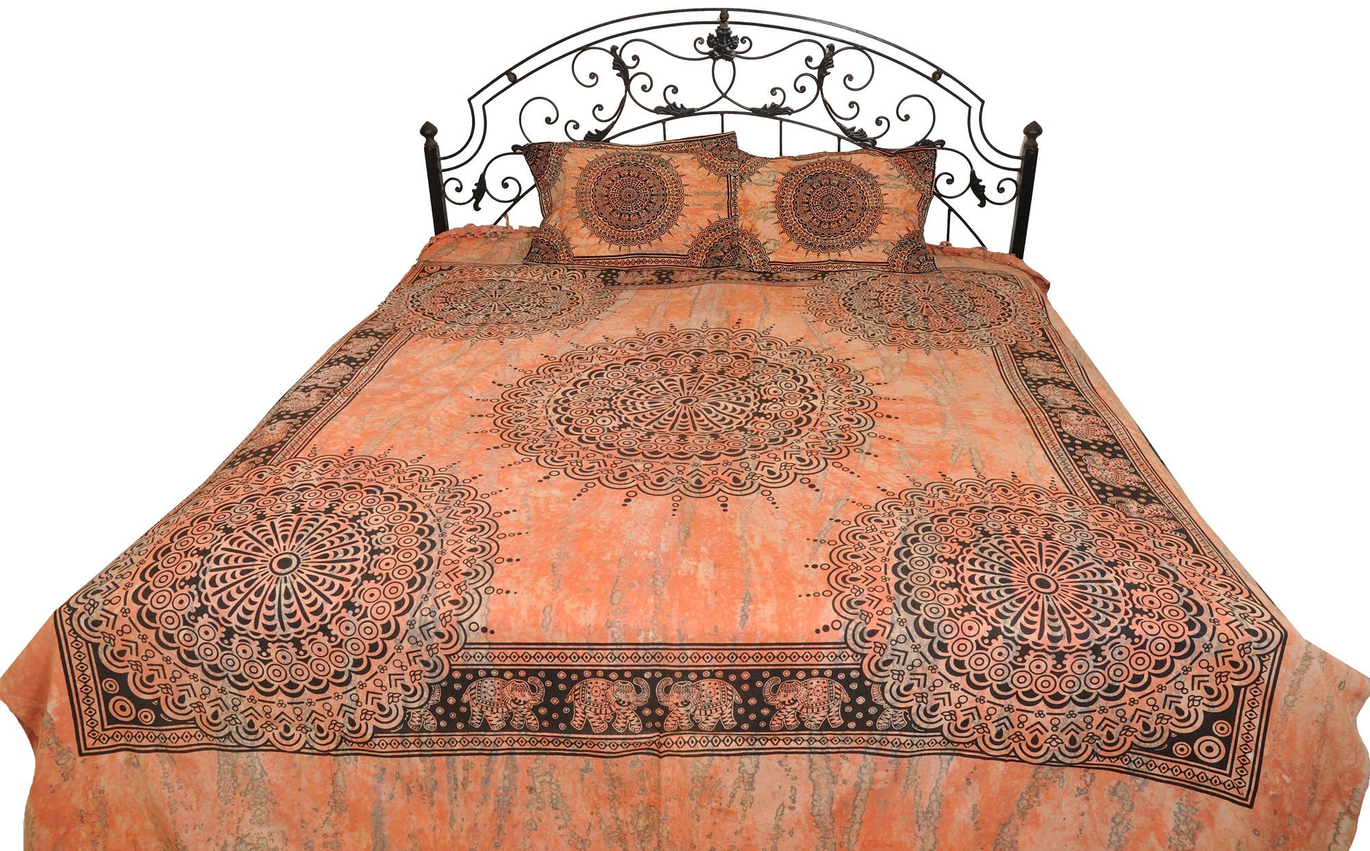 Exotic India Coral-Reef Bedspread from Gujarat with Block-Printed Bootis and Elephants - Pure Cotton-image-12