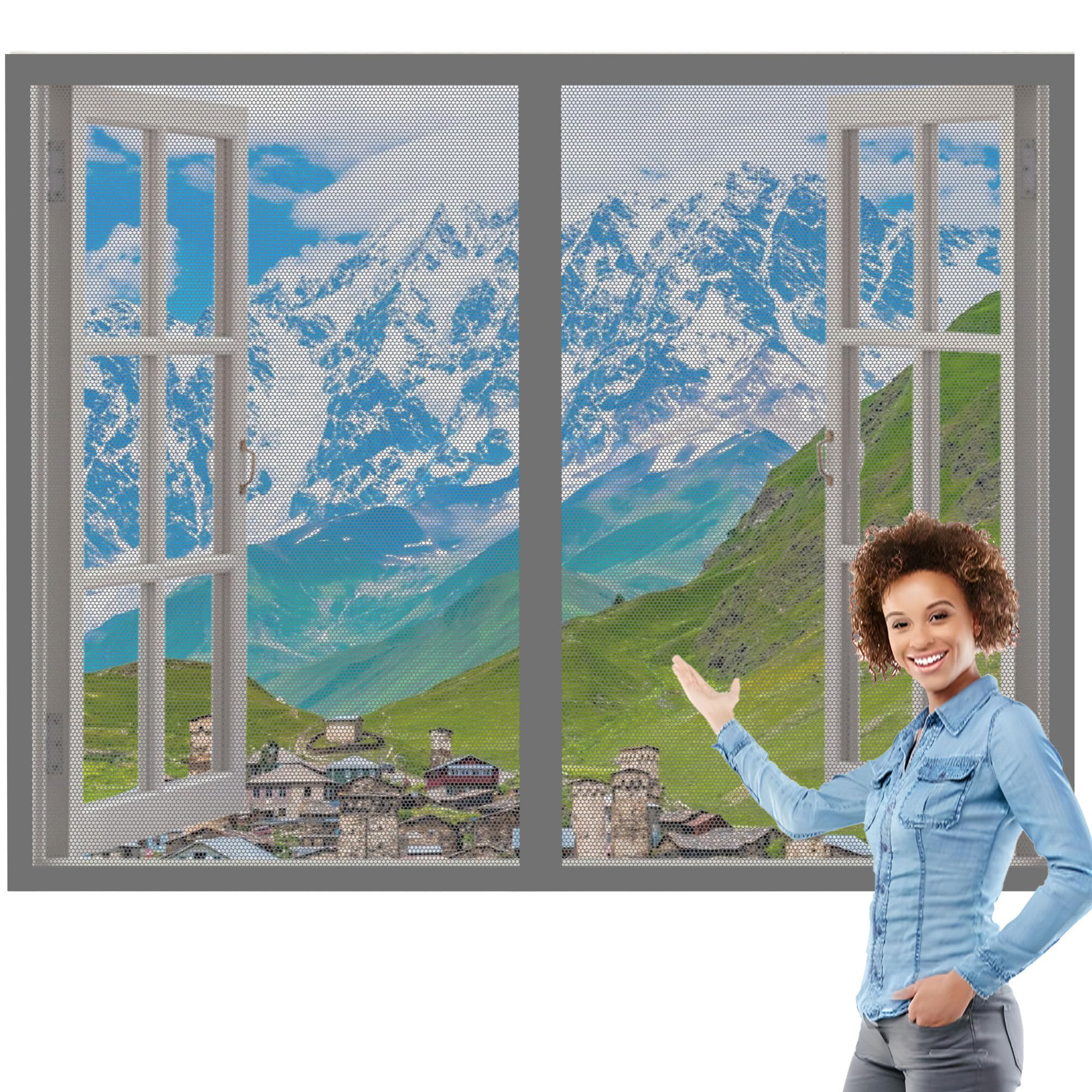 Magnetic Fly Screen Window Adjustable 110 x 95 cm Selfadhesive Tape DIY Window Bug Screen Kit Mosquito Easy Install for Living Room Bedroom Offfice, Grey
