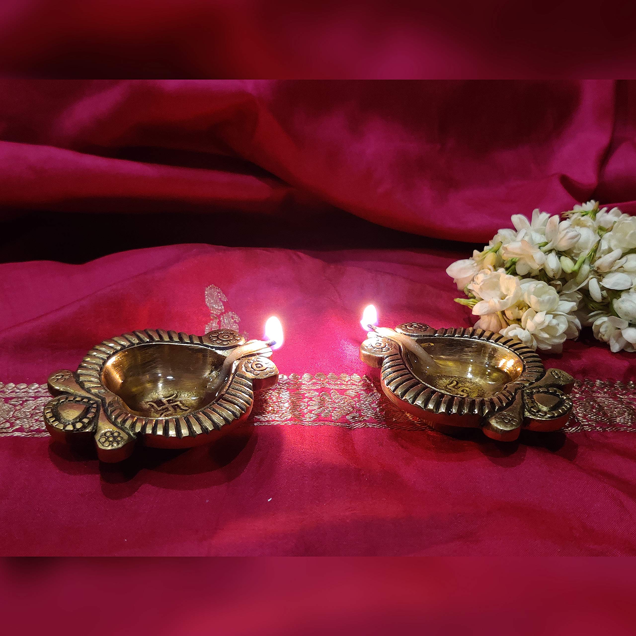 Divya Mantra Swastik Laxmi Brass Diya Indian Diwali Oil Lamp Pooja Light Puja Decorations Mandir Decoration Items Handmade Table Home Backdrop Decor Lamps Made in India Decorative Diyas - Gold (4) - Image 7 thumbnail