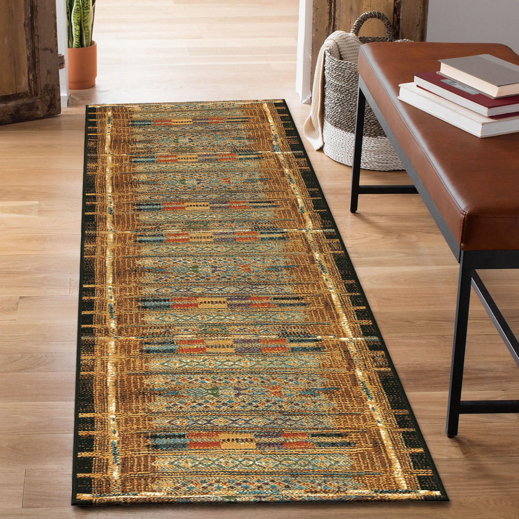 Liora Manne Marina Low Profile Durable Indoor/Outdoor Woven Rug- Tribal Stripe Gold 1'11" x 7'6"