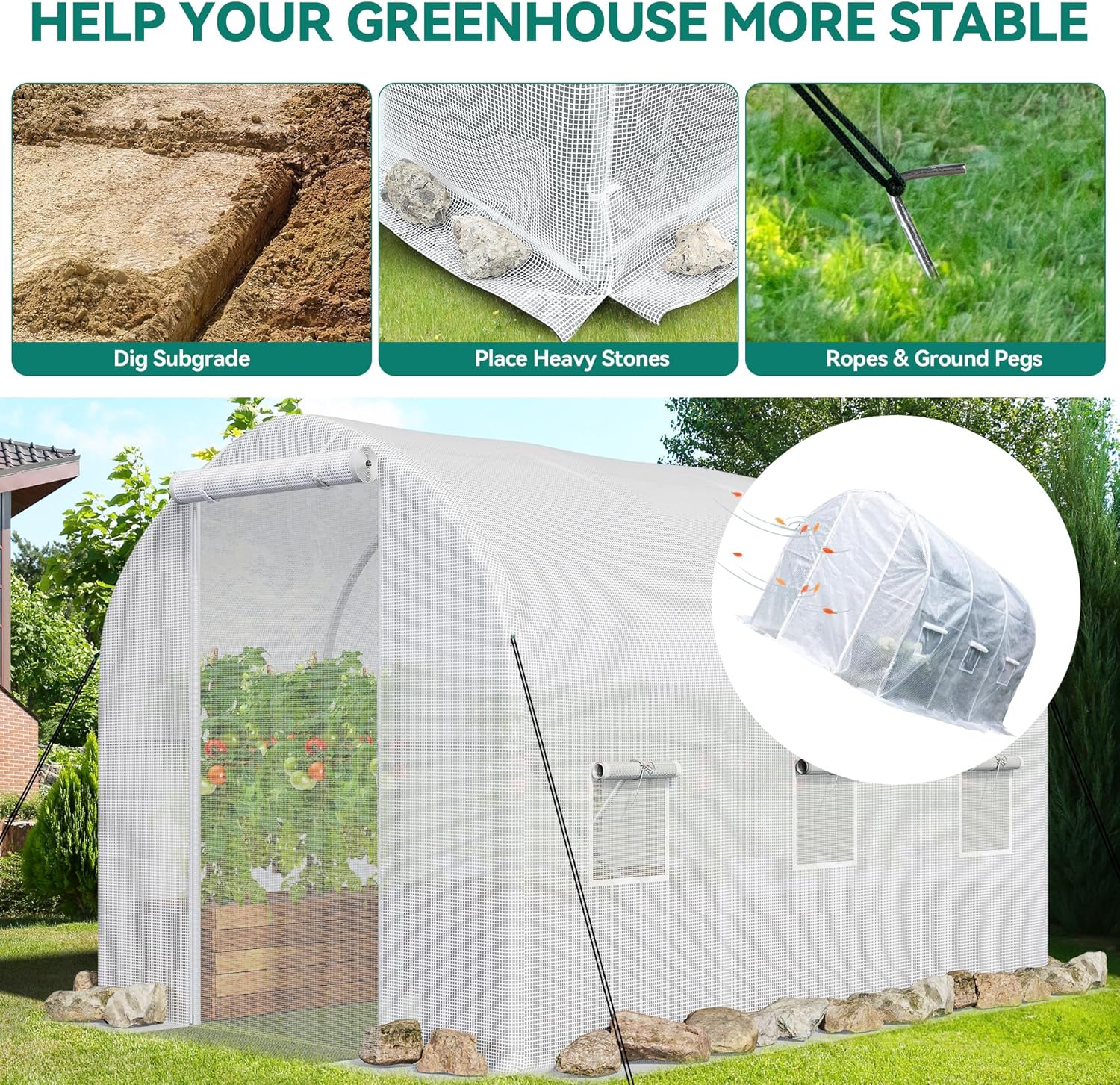 YITAHOME 10x6.5x6.5ft Greenhouses Large Walk-in Green House Heavy Duty Tunnel Green Houses Outdoor Portable Plant Gardening Upgraded Galvanized Steel Frame Zipper Doors 5 Crossbars Garden, White