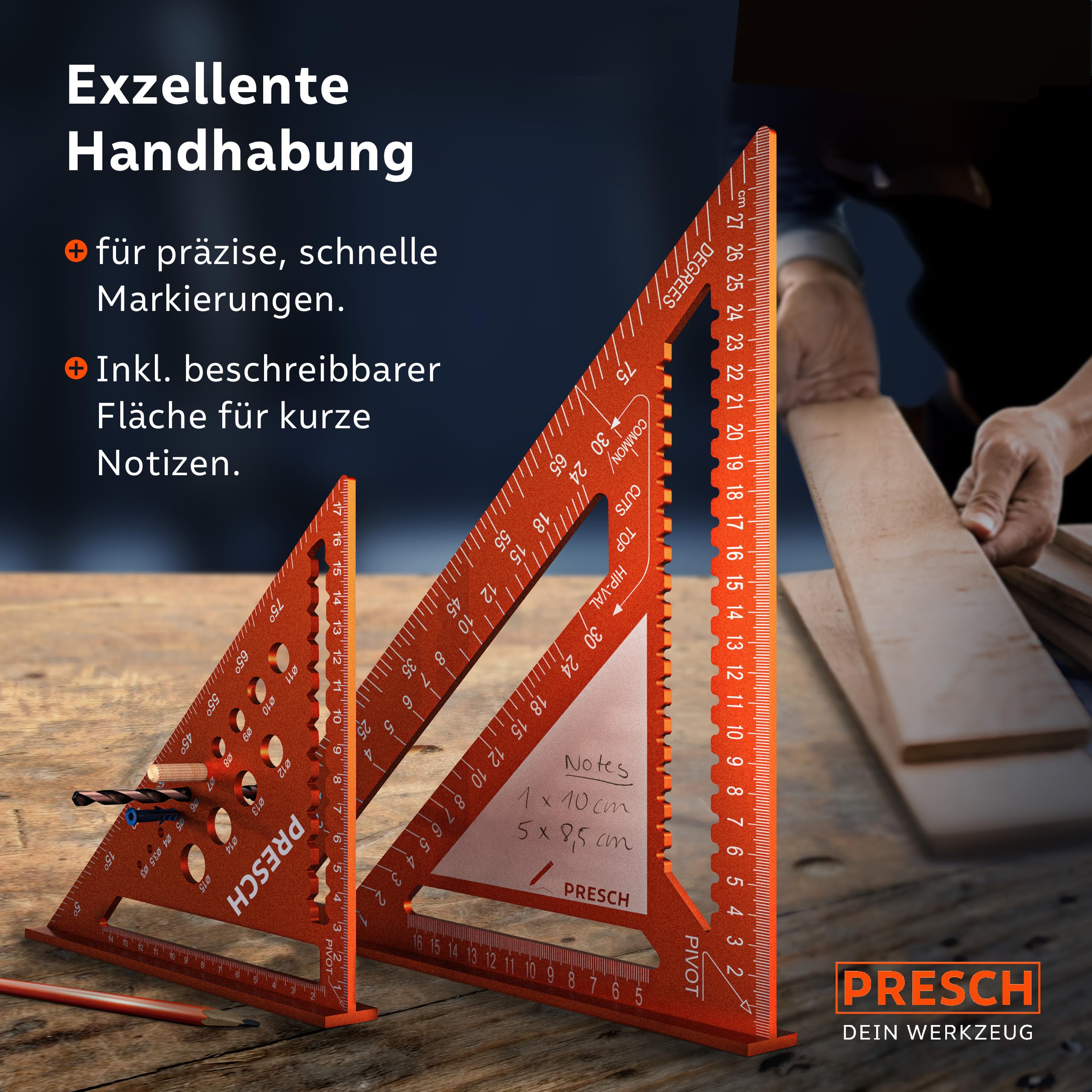 Presch Zimmermannswinkel Set - 180mm & 300mm - Innovative, abwischbare Notizfläche - Intelligente Bohrlehre für exakte Durchmesser - Hochpräzise gefrästes Aluminium für exakte 90° Winkel