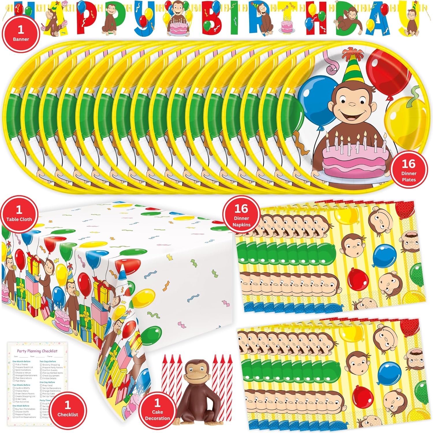 Curious George Birthday Decorations - Curious George Party Supplies - Plates and Napkins, Tablecloth, Banner, Cake Topper, Checklist - Birthday for 16