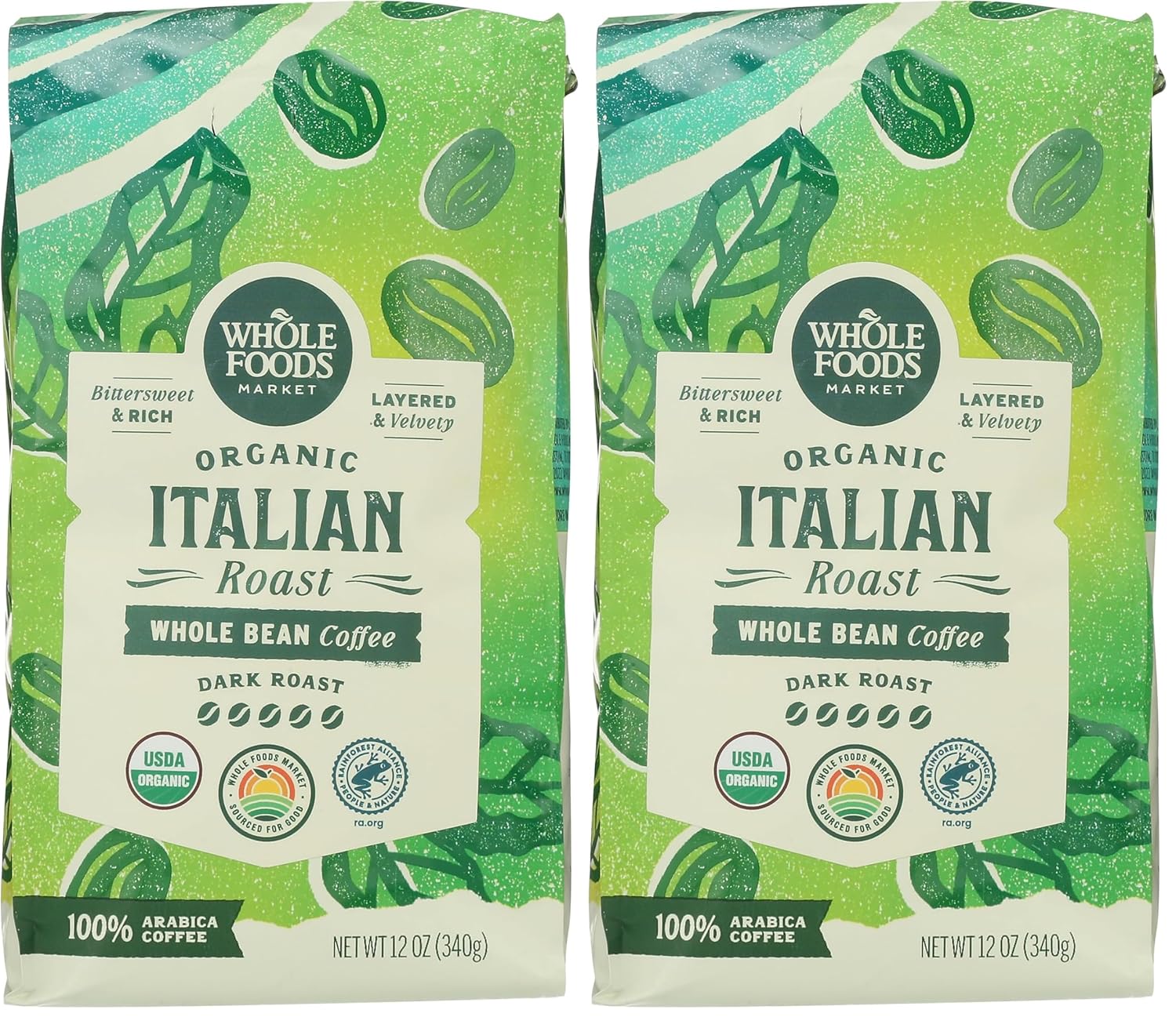 WHOLE FOODS MARKET Organic Whole Bean Italian Roast Coffee, 12 OZ (Pack of 2)