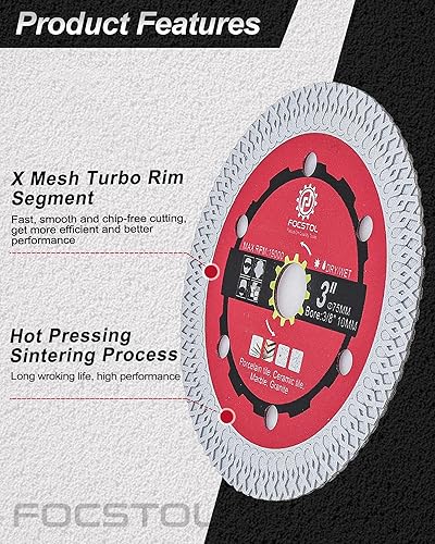 Miniatura 6 de FOCSTOL Juego de hojas de sierra de diamante - 4 piezas de 3'' (75mm) disco de corte para azulejos de porcelana, madera, hormigón, metal para