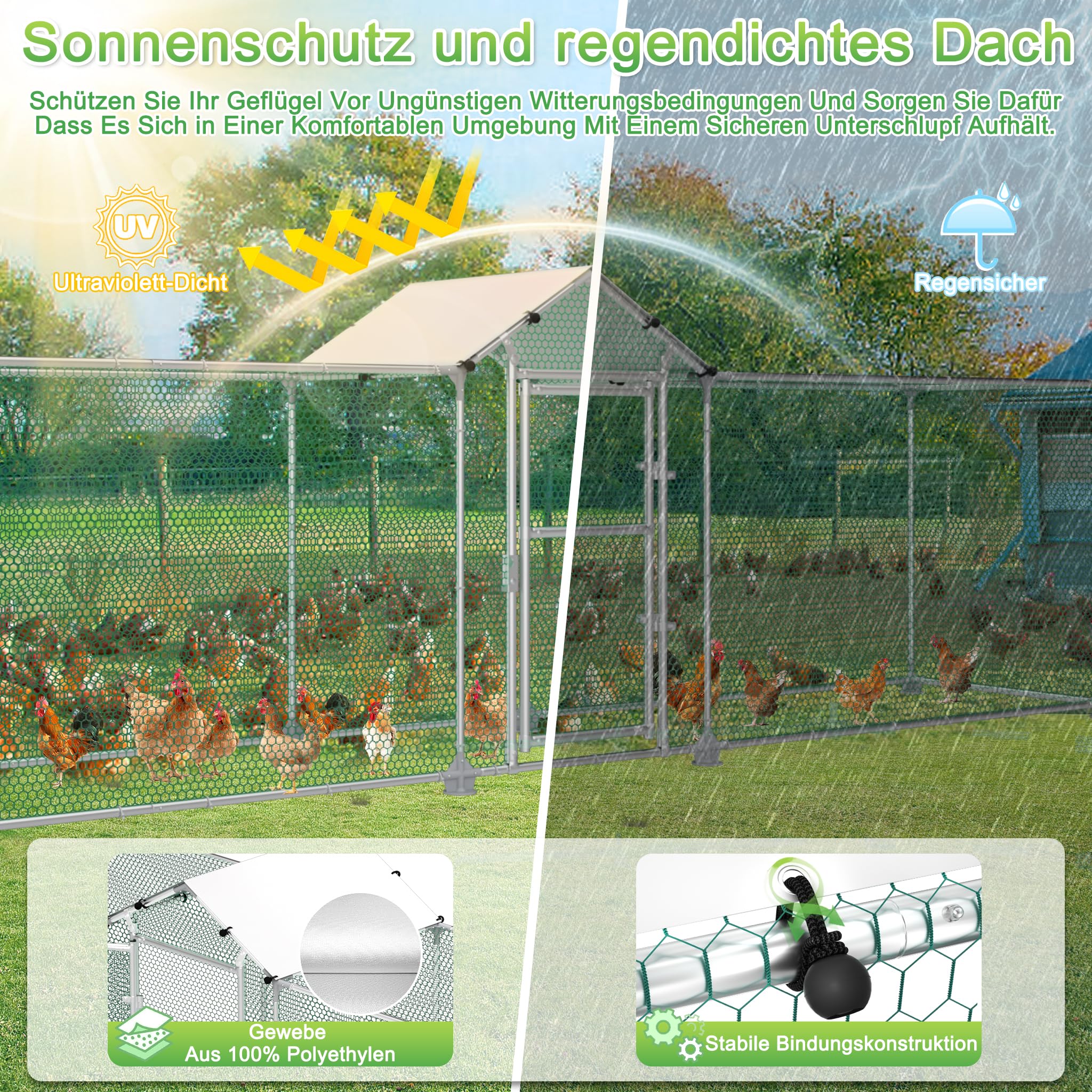 LILIIN Freilaufgehege Hühnerstall, Verzinkter Stahlrahmen Hühnerhaus, Außengehege für Haustierkäfig Vogelkäfig Kleintiere, mit Schloss und PVC-beschichtetes Schatten Dach, 400x100x150cm