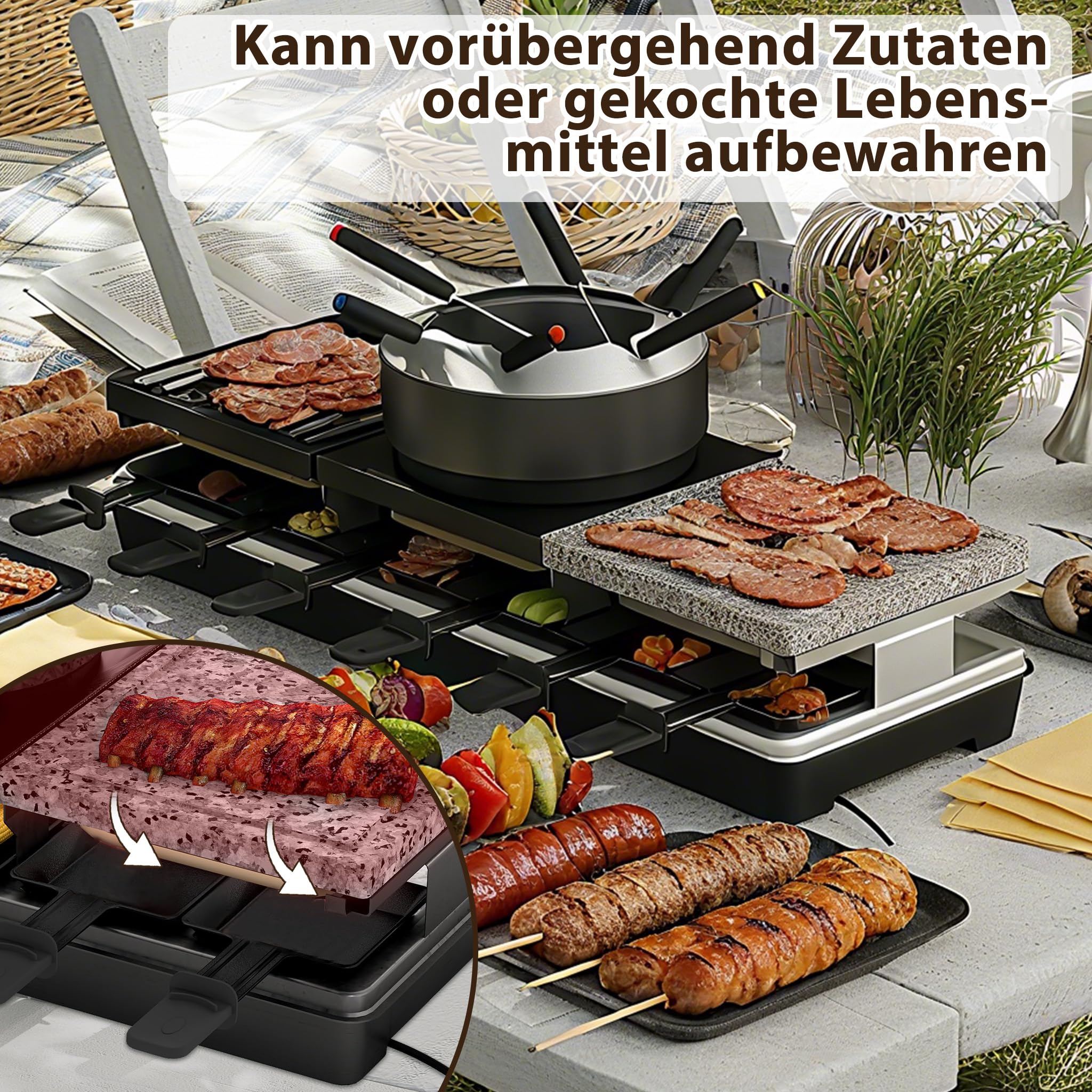 UISEBRT Raclette Grill per 12 persone, macchina da raclette 3 in 1 con padella, set per fonduta, pietra calda, 12 padelle e 12 spatole per legno, piastra per raclette antiaderente, 1650 W