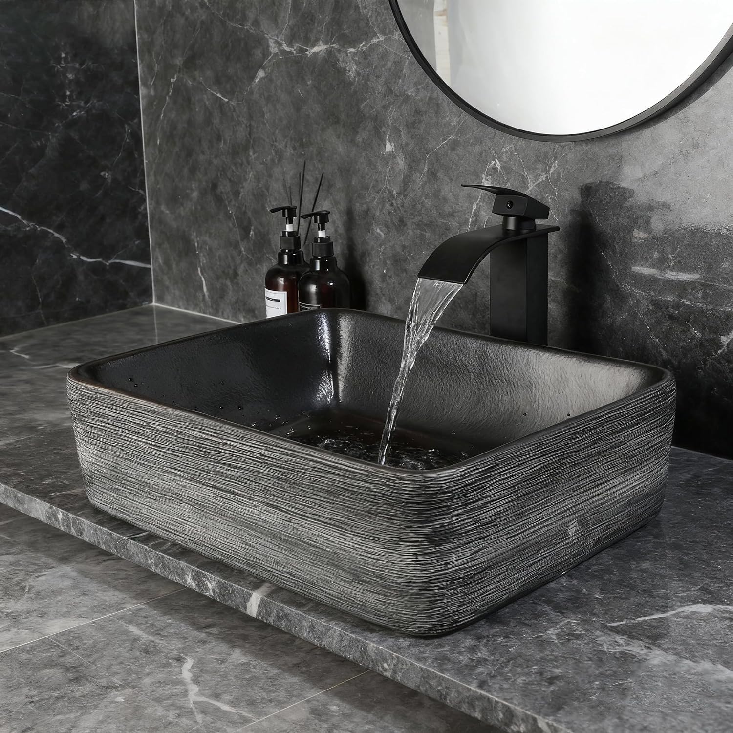 Black Vessel Sink Rectangle 18"x14" Bathroom Sink Above Counter Porcelain Ceramic Small Sink Bowl Ceramic Vessel Sinks with Waterfall Faucet and Pop-up Drain for Bathrooms