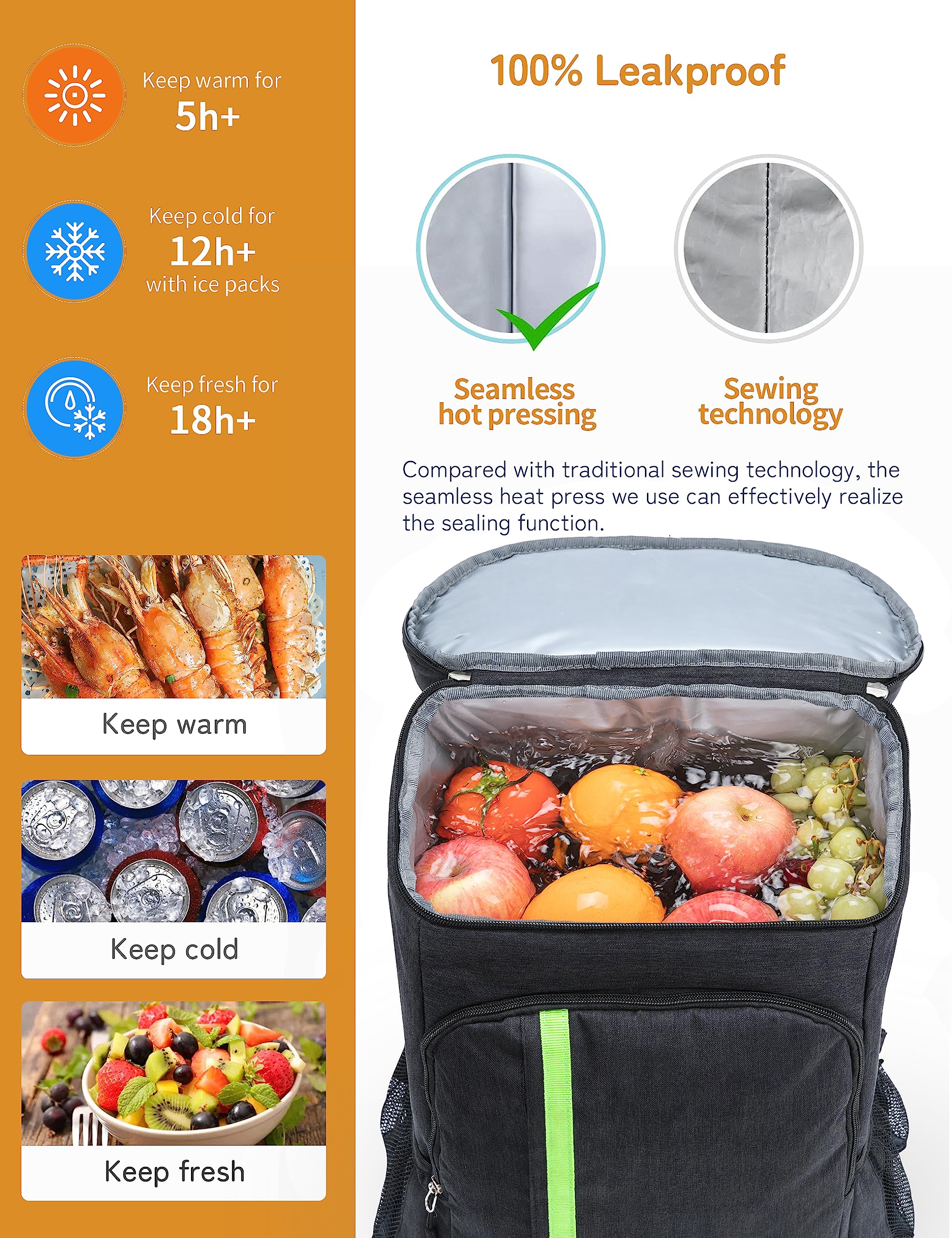 besrey Mochila de Refrigeración, Mochila Nevera Bolsa Térmica Grande, Mochila Portatil de Doble Capa, Ligera, Impermeable, para Comida Almuerzo Playa Trabajo Picnic Camping,Gris Negro