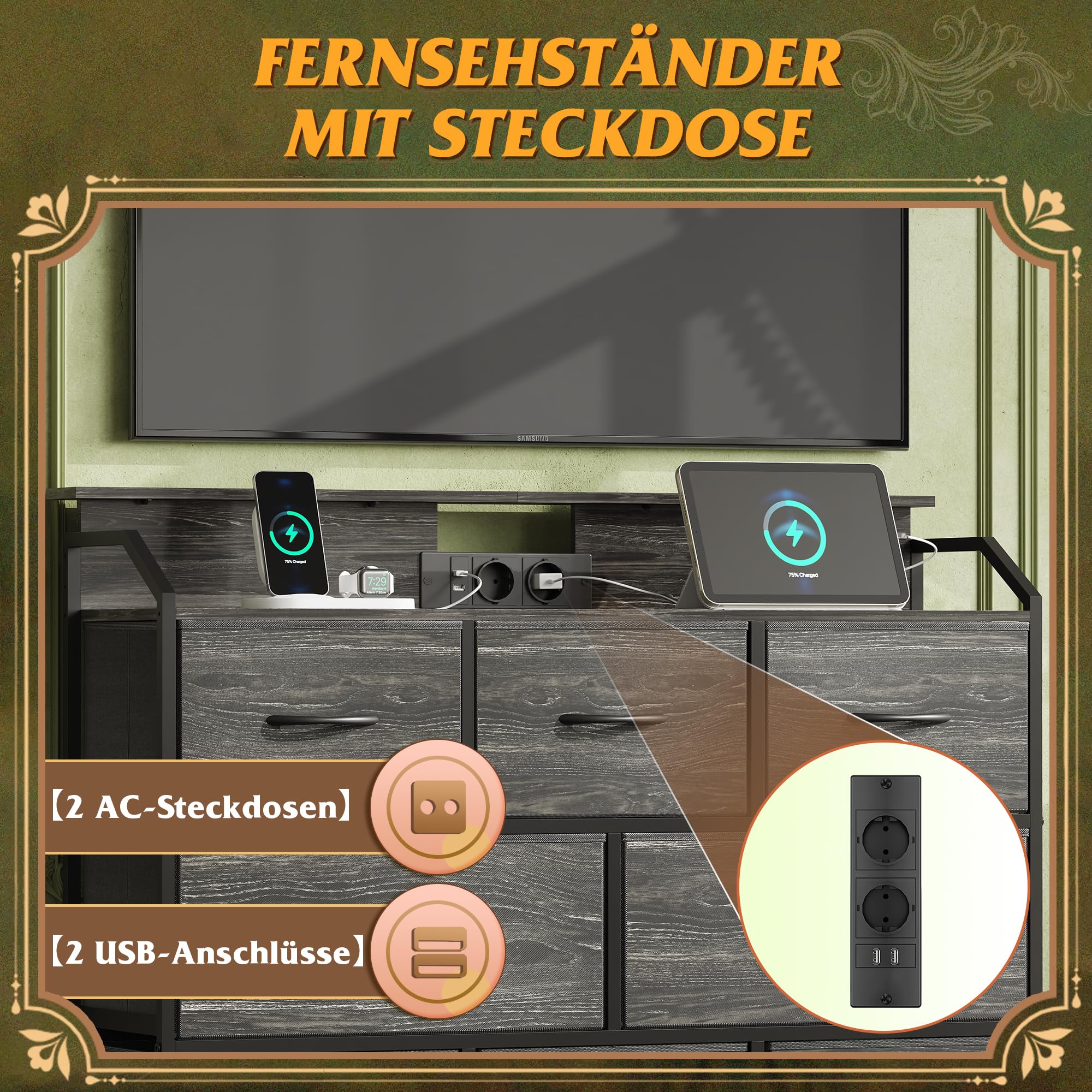 WLIVE Kommode mit Schubladen, komode Schlafzimmer mit 8 Stoffschubladen | Kommoden & Sideboards mit LED und Ladestation, Holzplatte und Stabiles Stahlgestell für Wohnzimmer, Anthrazit Holzdekor