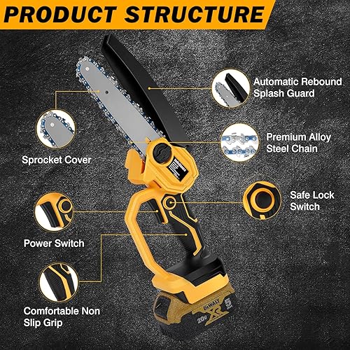 Miniatura 5 de bellaDimora Motosierra Mini Inalámbrica de 6 Pulgadas Compatible con Batería DeWalt 20V MAX (Batería No Incluida), Motosierra Eléctrica de Mano