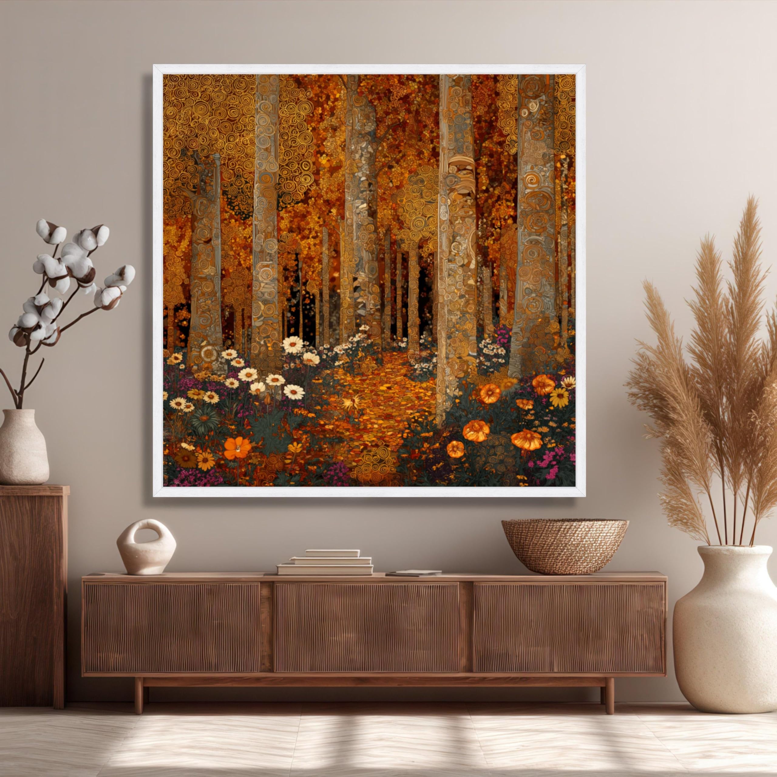 XINBAO Jesienna leśna ścieżka dekoracyjna na płótnie złoty pomarańczowy krajobraz słynny kwiatowy obraz dekoracja ścienna do domu (60 x 60 cm / wewnętrzna rama)