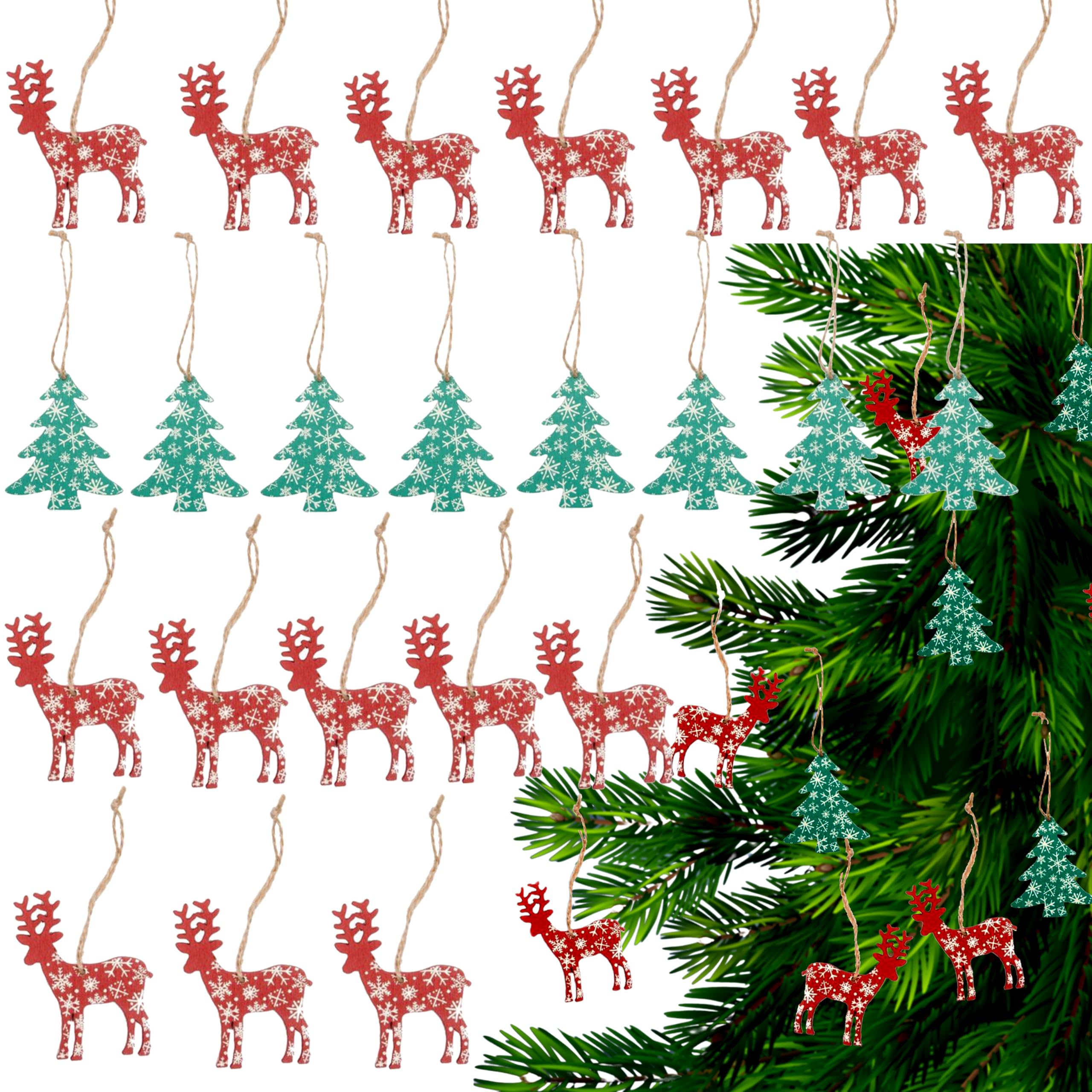 Srv Hub Girls 24Pcs (Reindeers+Trees) 24Pcs Christmas Tree Decorations Set, Glitter Covered Wooden Reindeer Tree With Hanging Strings, Traditional New Year Decoration Ornaments, Festive Home Decor Pendants 8Cm