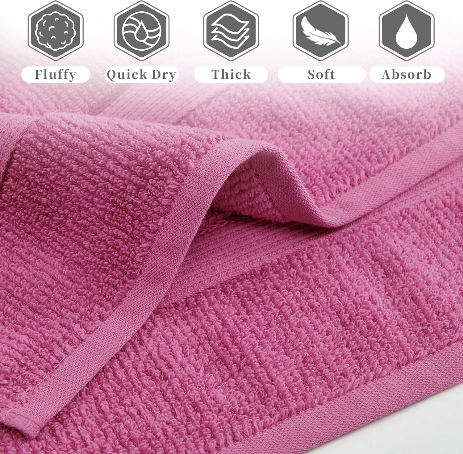 VOOVA & MOVAS Bath Towel Set of 4, 100% Cotton, Highly Absorbent & Soft - 32"x16" 500GSM Thick Hand Towels for Shower, Gym, Hotel, Spa, Hot Pink