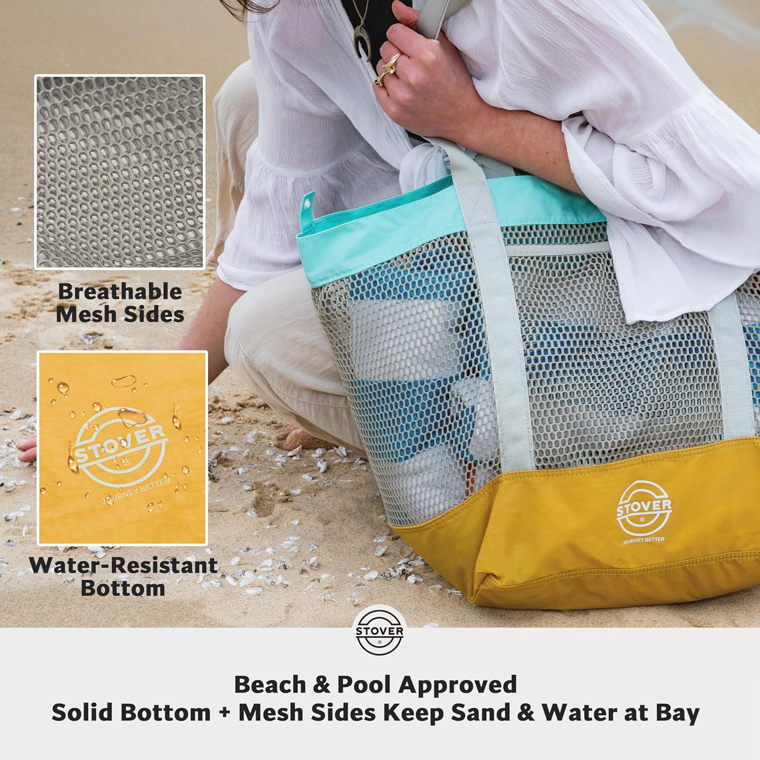 STOVER Extra Large Mesh Beach Bag, Vacation, Pool, Shopping & Travel Tote - Foldable w/Storage Pouch & Pockets for Women, Men - Image 3