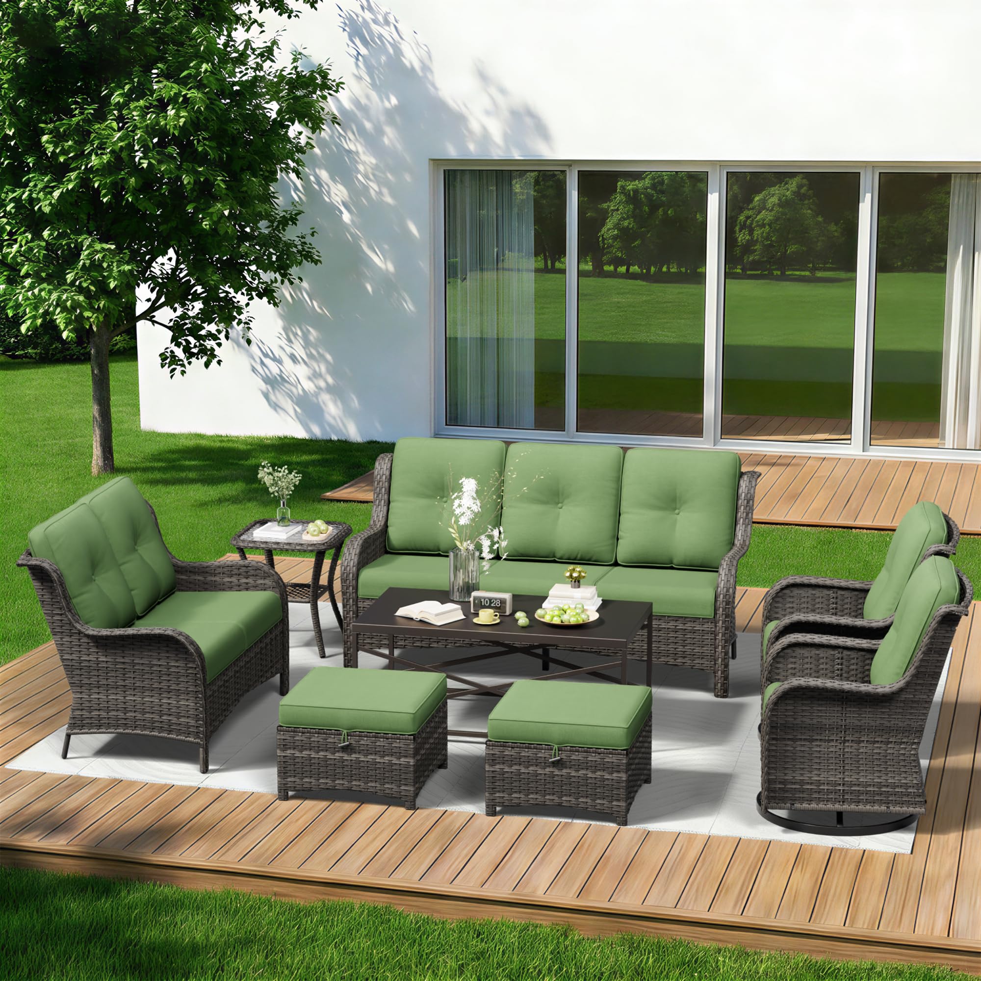 8 Piece Outdoor Wicker Patio Furniture Set, Outdoor Swivel Rocker Patio Chairs Set with Thickened Olefin Cushions, High Back and Deep Seating, Hand-Woven PE Rattan for Porch, Deck