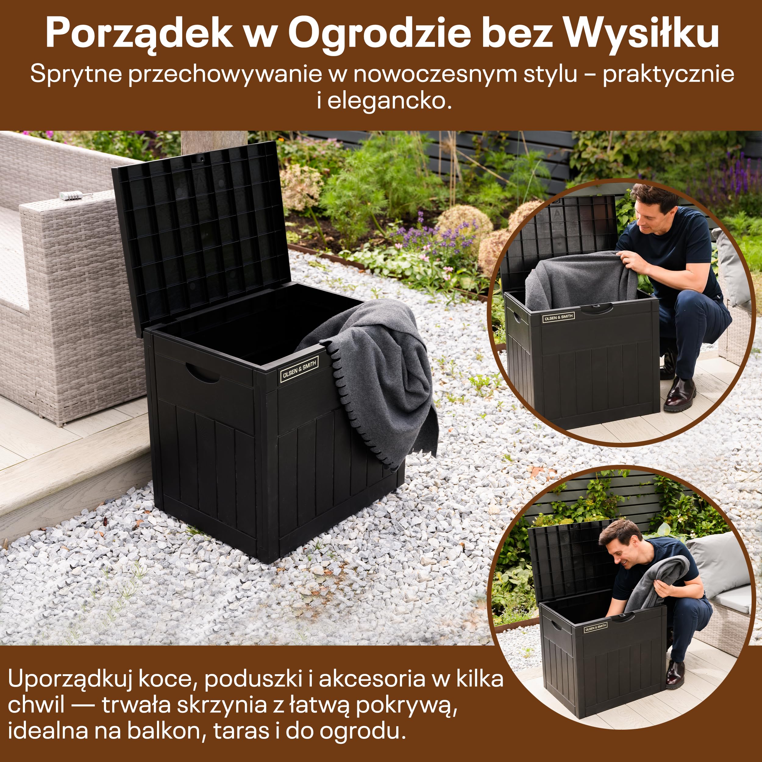 Olsen & Smith – Ogrodowa Skrzynia 126L | Wodoodporna i Odporna na Warunki Pogodowe | Zamykana Plastikowa Skrzynia | Pojemnik na Poduszki do Ogrodu, Na Balkon i Taras | Odporna na warunki atmosferyczne, efekt drewna, czarna skrzynia na poduszki, narzędzia,