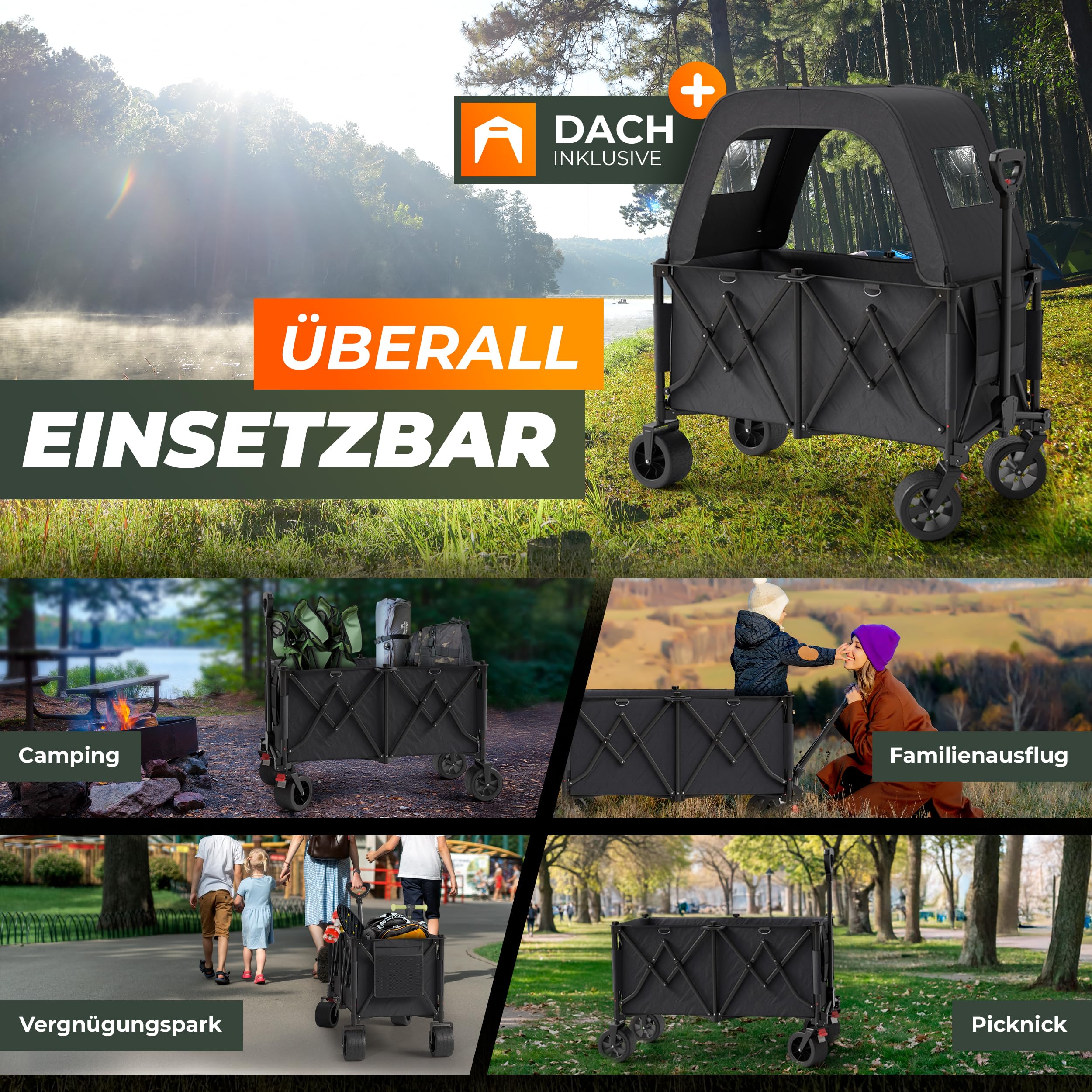 BigDean XXL Bollerwagen faltbar mit Dach 260L belastbar 150kg Dicke Reifen | Robuster Bollerwagen faltbar extra breite Reifen für jedes Gelände