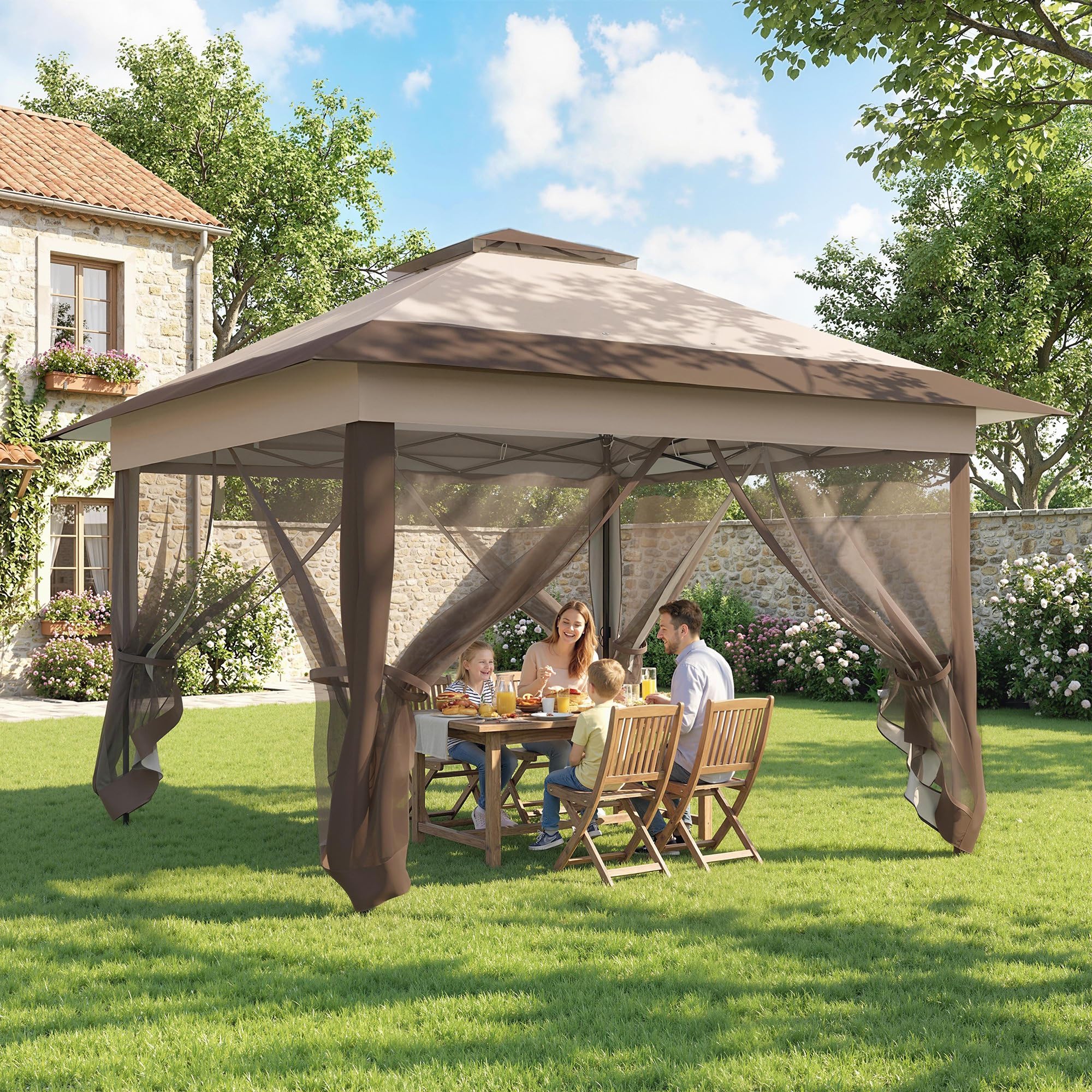 Outsunny Tonnelle de Jardin Extérieur Pliante 3,6x3,6m Kaki Marron