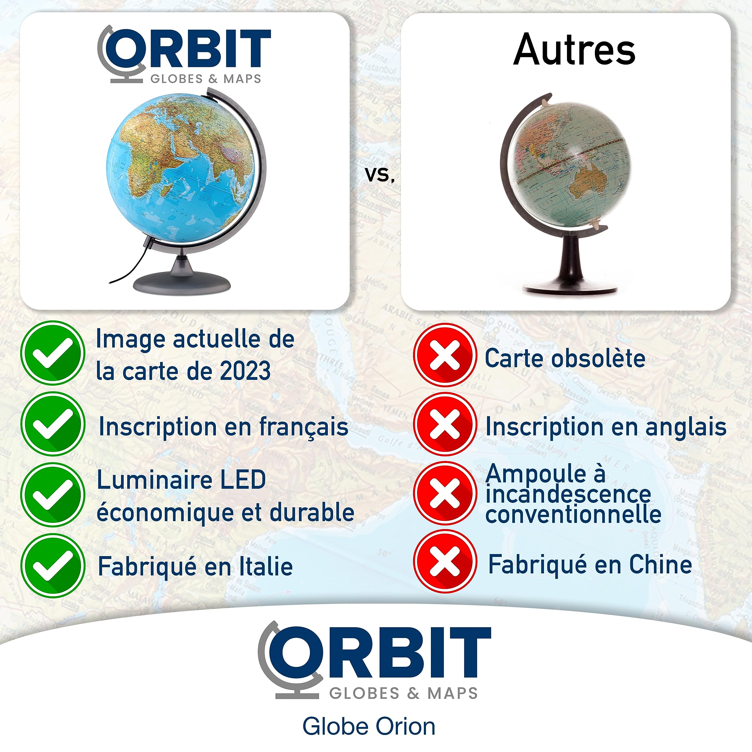 ORBIT GLOBES & MAPS - Globe lumineux - globe de 30cm avec pied stable, image de carte 2023 physique/politique avec lampe LED, image de carte française actuelle