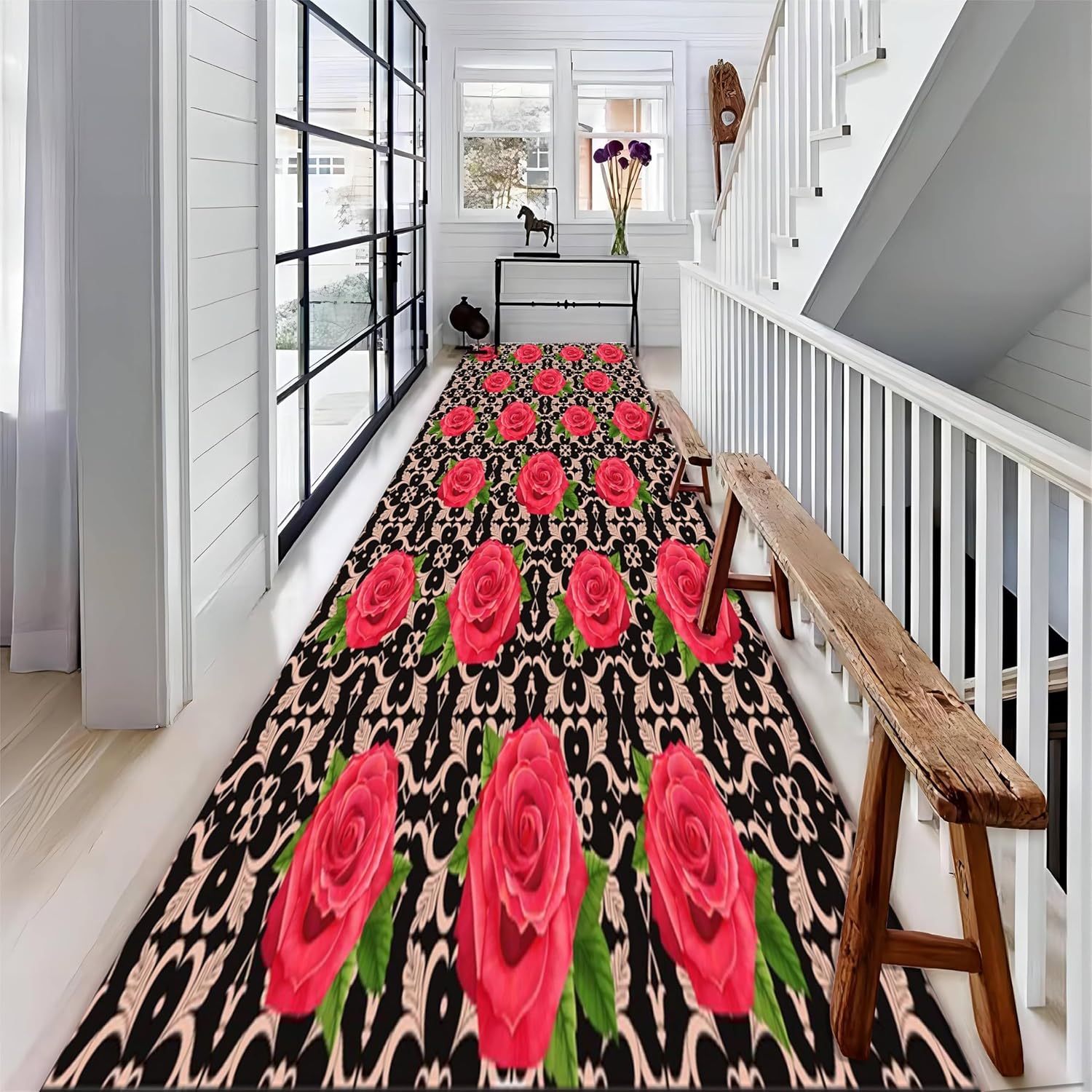 Red Rose Flower Runner Rugs, 2x7ft, Bohemian Style Modern Floral Hallway Rug,Valentine's Day Low Pile Kitchen Rugs,for Girls Bedroom Non-Slip Carpet Banquet Holiday Decor Washable Rugs