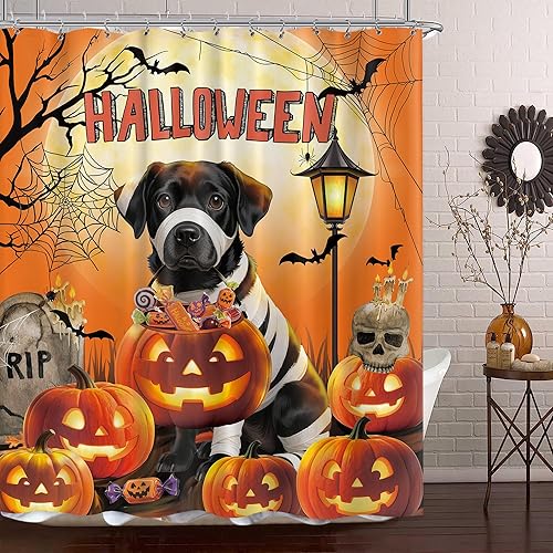 Miniatura 6 de Cortina de ducha divertida de Halloween para baño, vacaciones, calavera, murciélago, araña, calabaza, decoración de bañera divertida