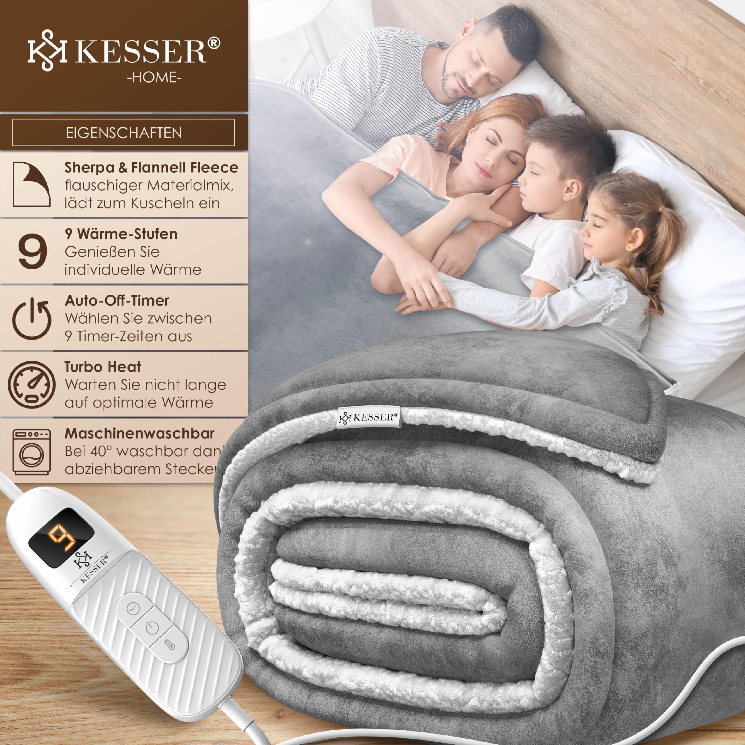 KESSER® Coperta elettrica con spegnimento automatico, 200 x 180 cm, doppia faccia, coperta elettrica per letto, divano, 9 livelli di temperatura, lavabile fino a 40 °C, con timer digitale, colore