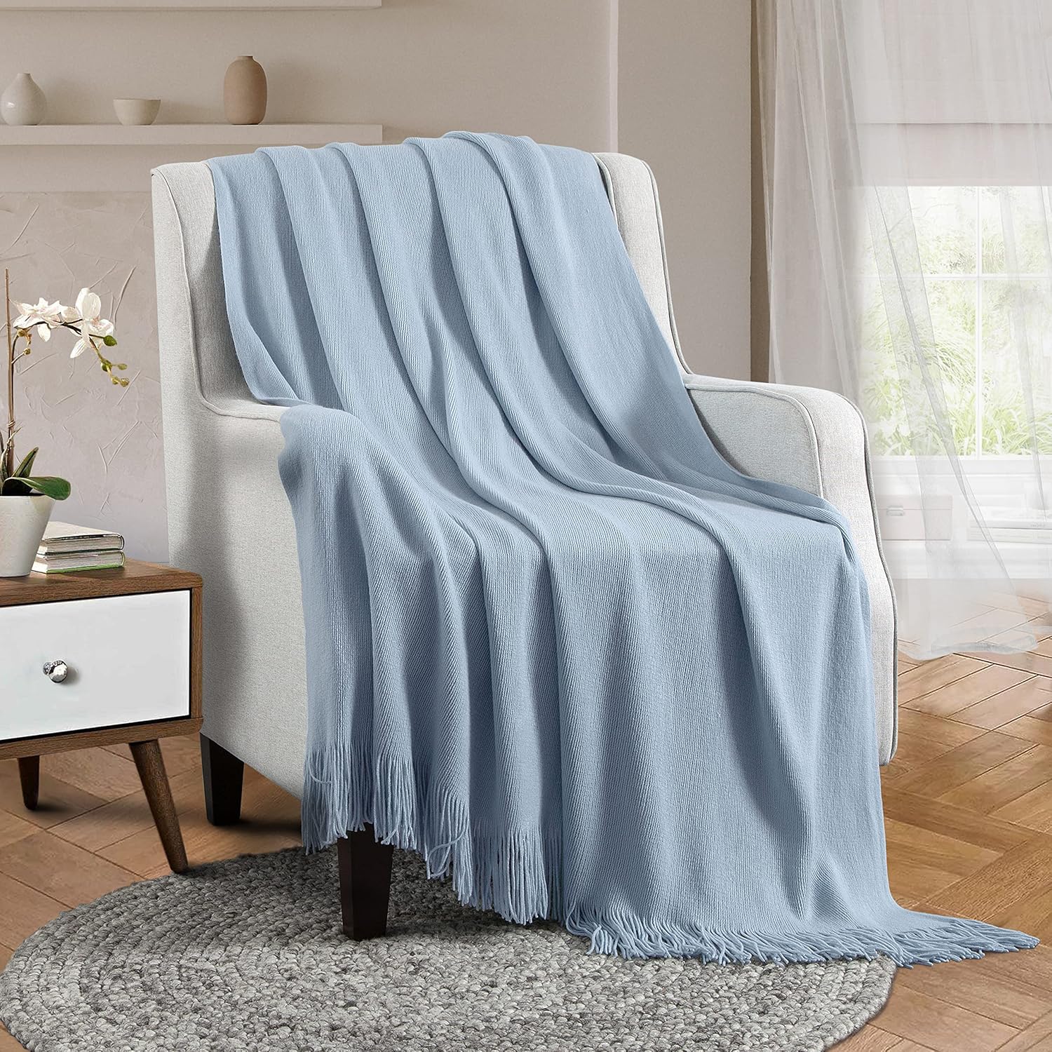 Vonty Light Blue Knitted Blanket with Tassels Fringe 50" x 60", Super Soft Knit Throw Blanket, Farmhouse Decorative Lightweight Blanket for Couch, Bed, Sofa - Image 2