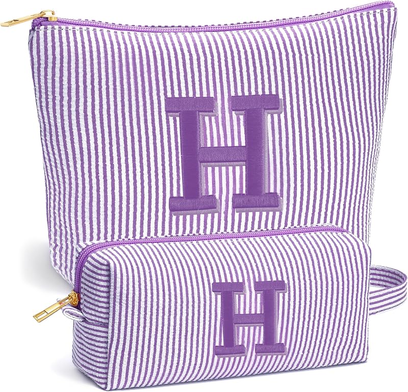 Fohufo Conjunto de Necessaires para Maquiagem e Viagem com Zíper, Estampa Listrada, Roxo, Inicial H, 2 Unidades